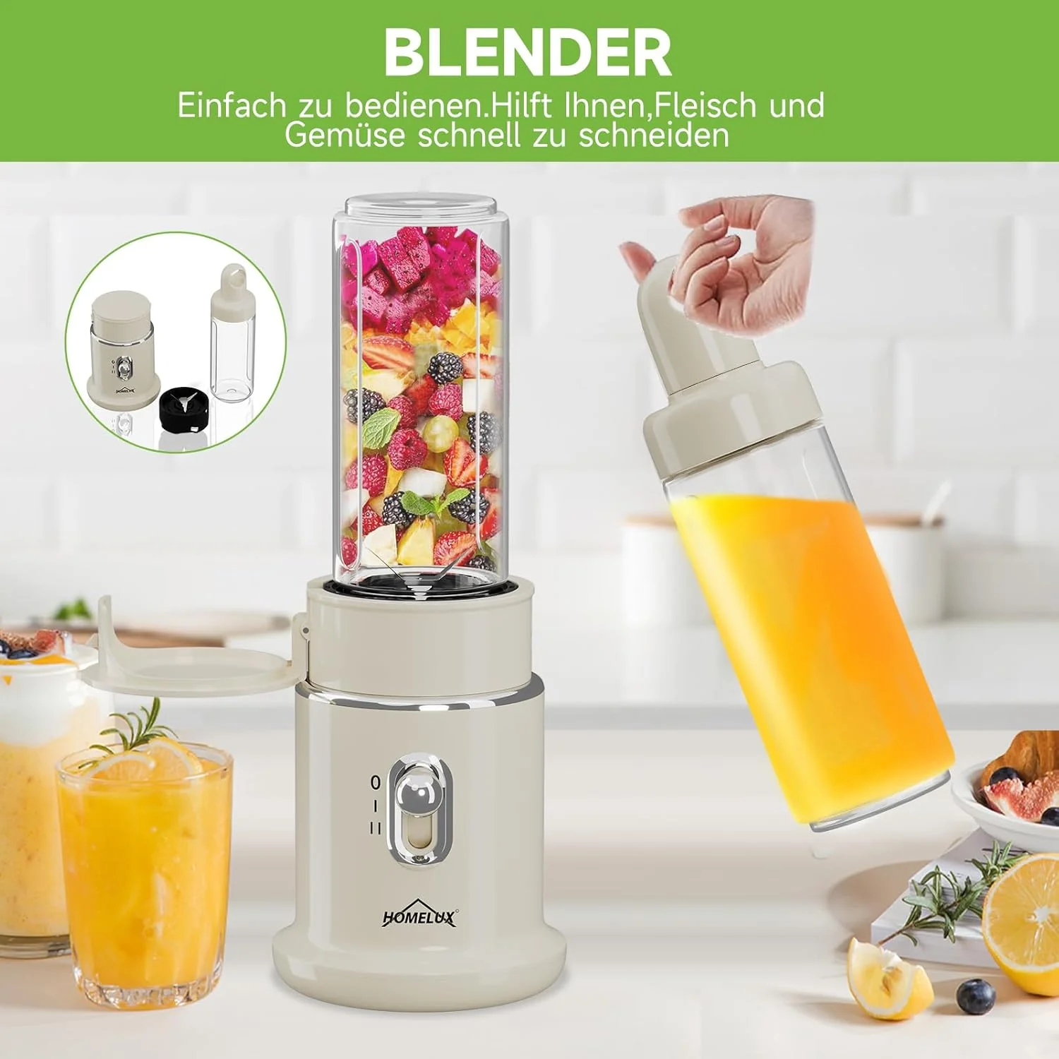 HOMELUX Küchenallrounder Zerkleinerer Mixer Mühle Knoblauchschneider 2L Glas 600ml Saftbecher - Image 3