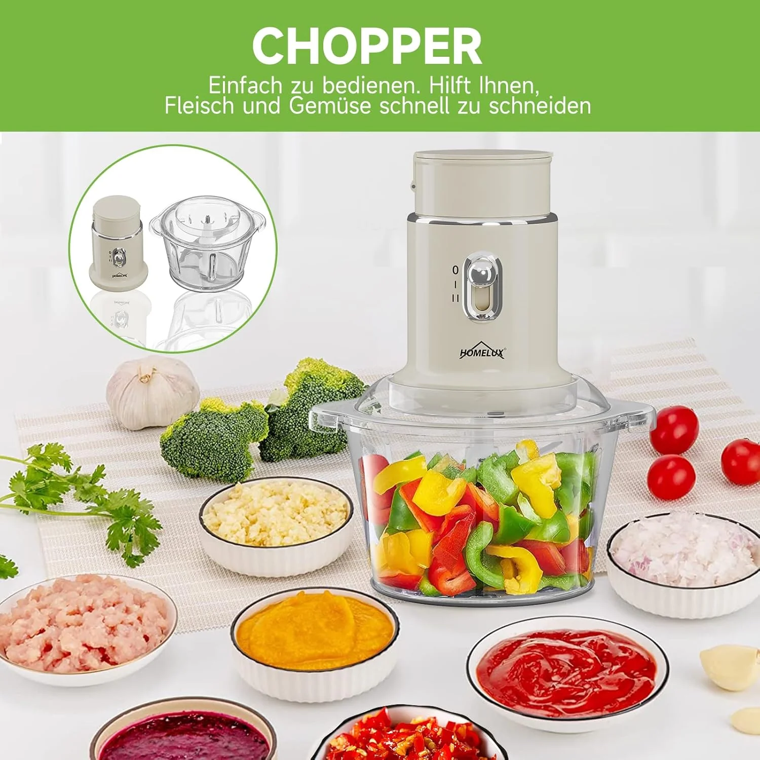 HOMELUX Küchenallrounder Zerkleinerer Mixer Mühle Knoblauchschneider 2L Glas 600ml Saftbecher - Image 5