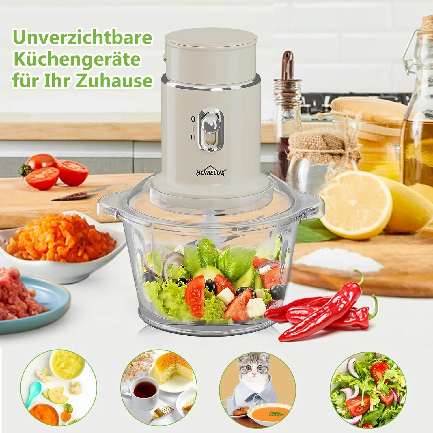 HOMELUX Küchenallrounder Zerkleinerer Mixer Mühle Knoblauchschneider 2L Glas 600ml Saftbecher - Image 6