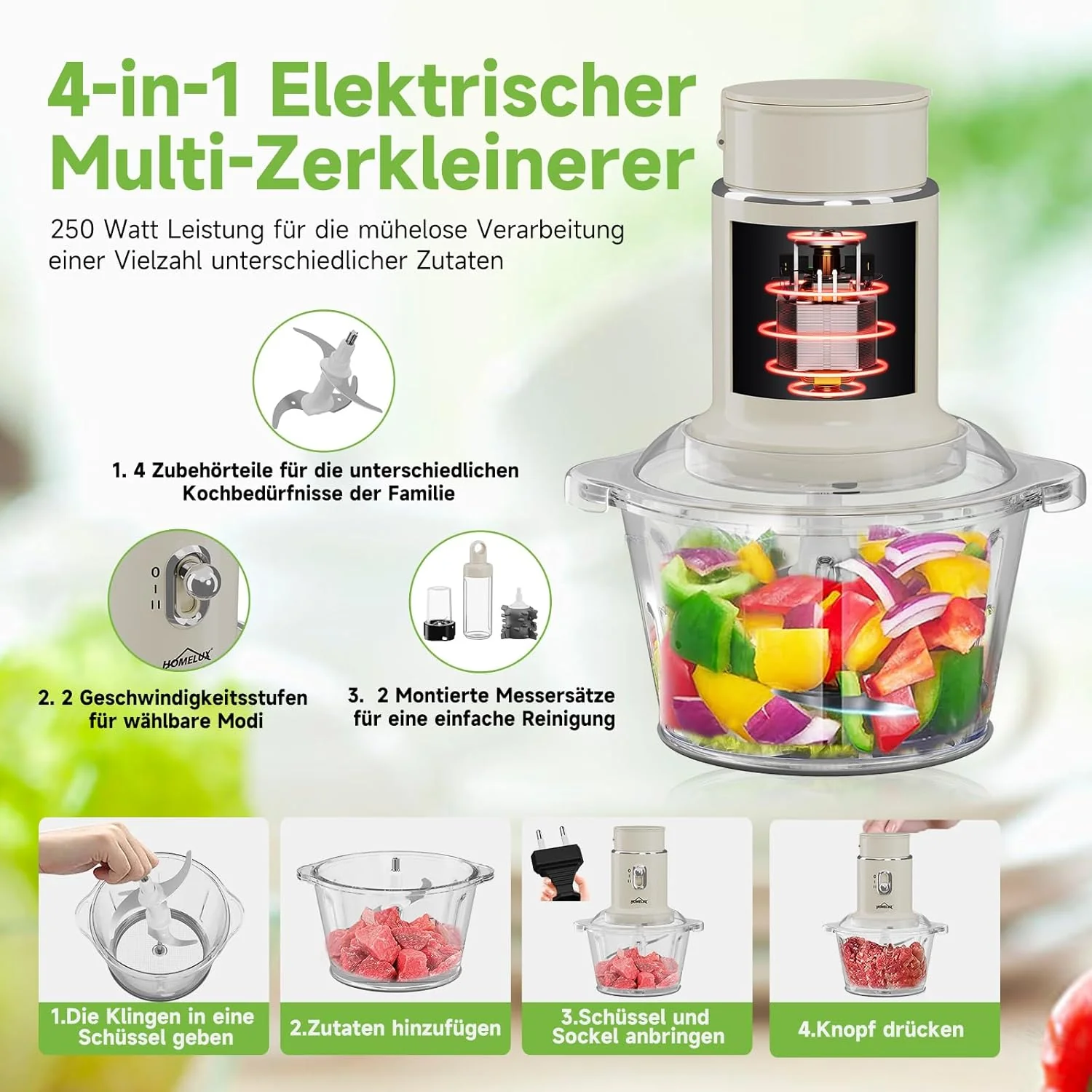 HOMELUX Küchenallrounder Zerkleinerer Mixer Mühle Knoblauchschneider 2L Glas 600ml Saftbecher - Image 7
