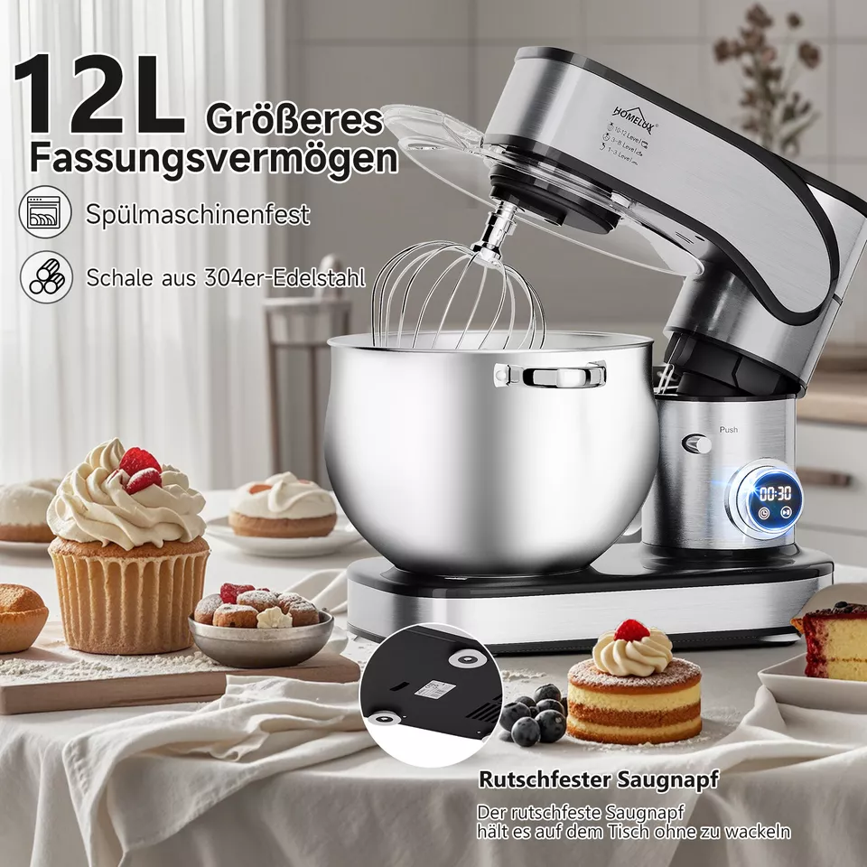 12L Küchenmaschine 2500W Küchenmaschine 12L Knetmaschine Rührmaschine LED-Touchscreen Teigmaschine - Image 6