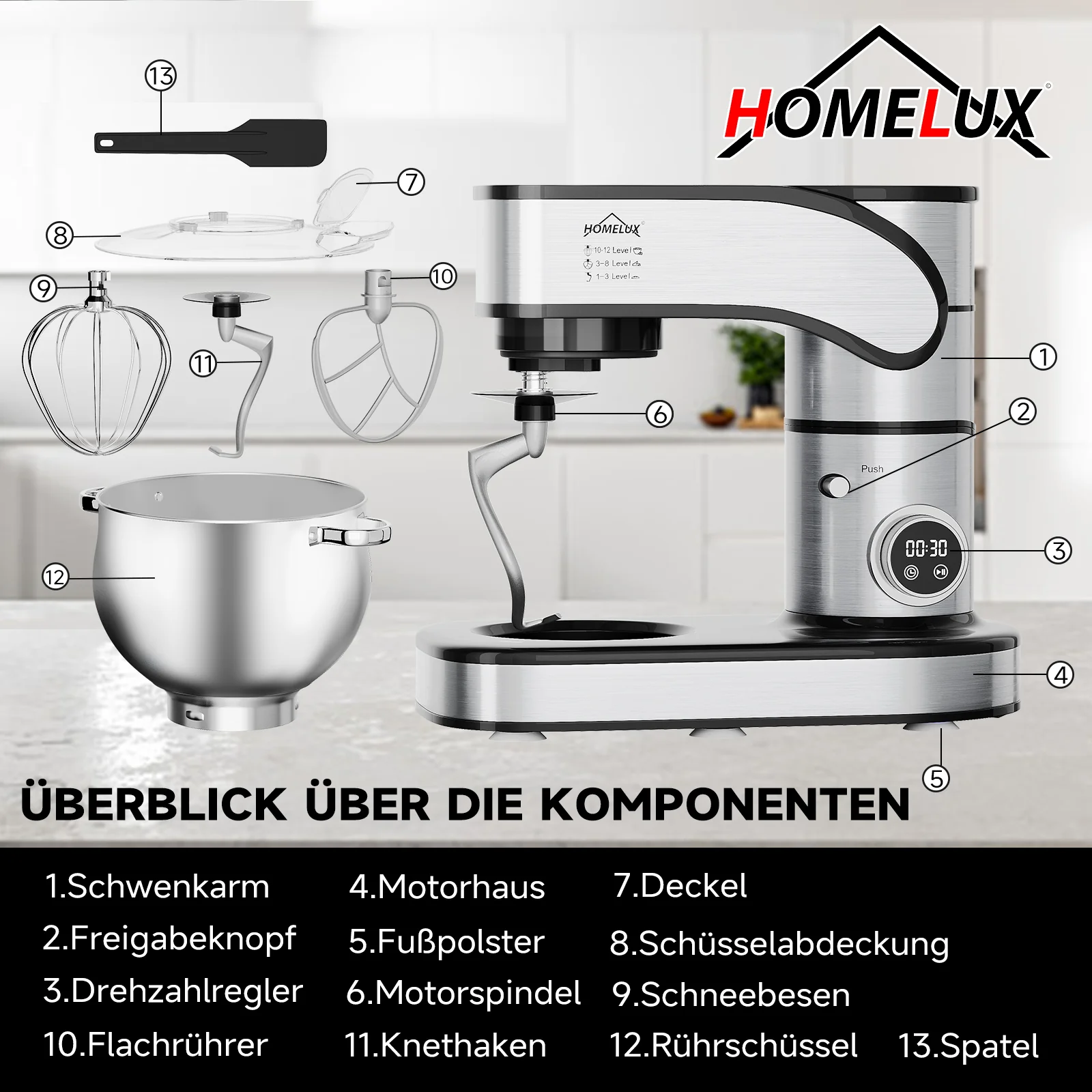 12L Küchenmaschine 2500W Küchenmaschine 12L Knetmaschine Rührmaschine LED-Touchscreen Teigmaschine - Image 8