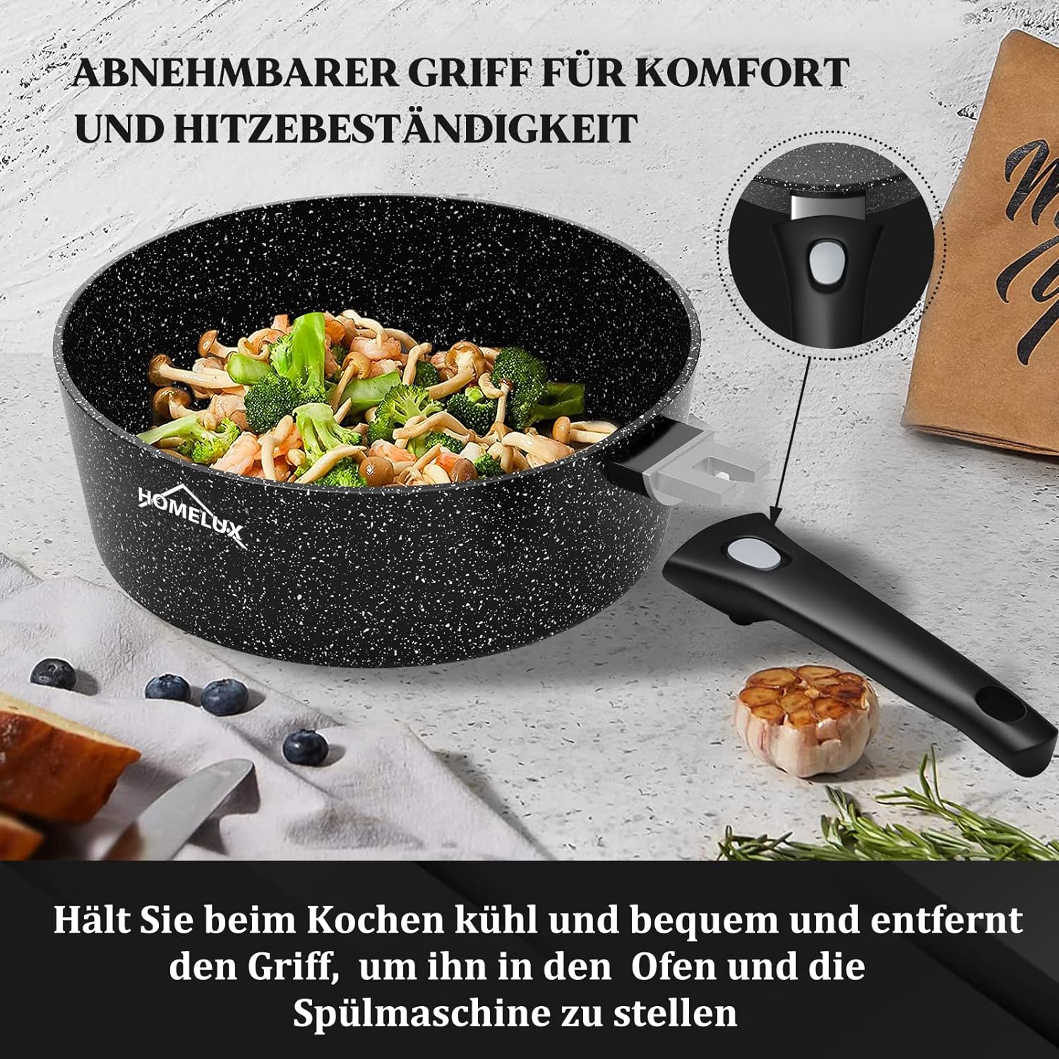 Pfanne Induktion 24cm Hoher Rand Bratpfanne mit Deckel Antihaft Abhnehmbar - Image 3