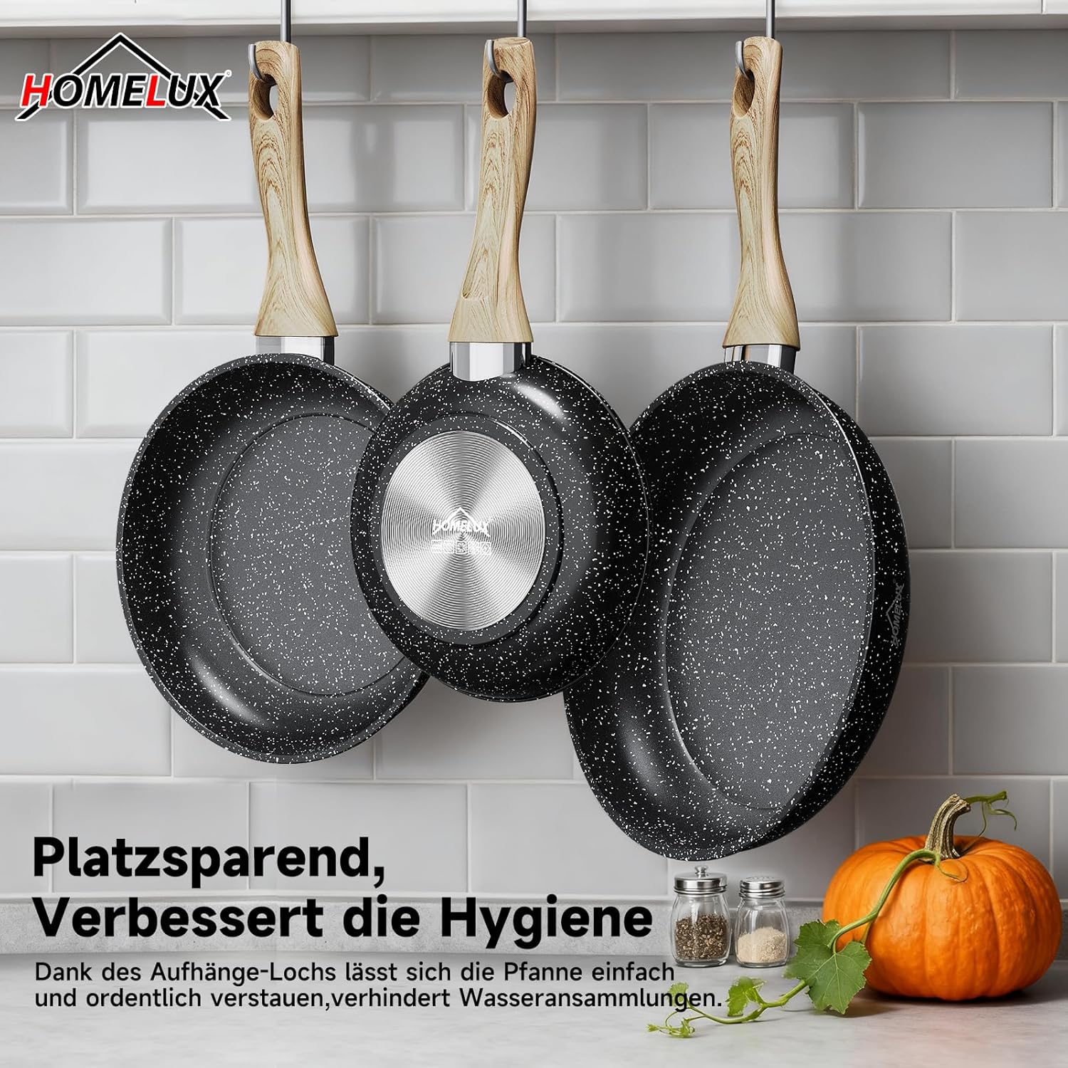 HOMELUX Pfannenset 3-teilig 20/24/28 cm, Antihaft Bratpfannen aus Kohlenstoffstahl mit Holzgriff, induktionsgeeignet - Image 3