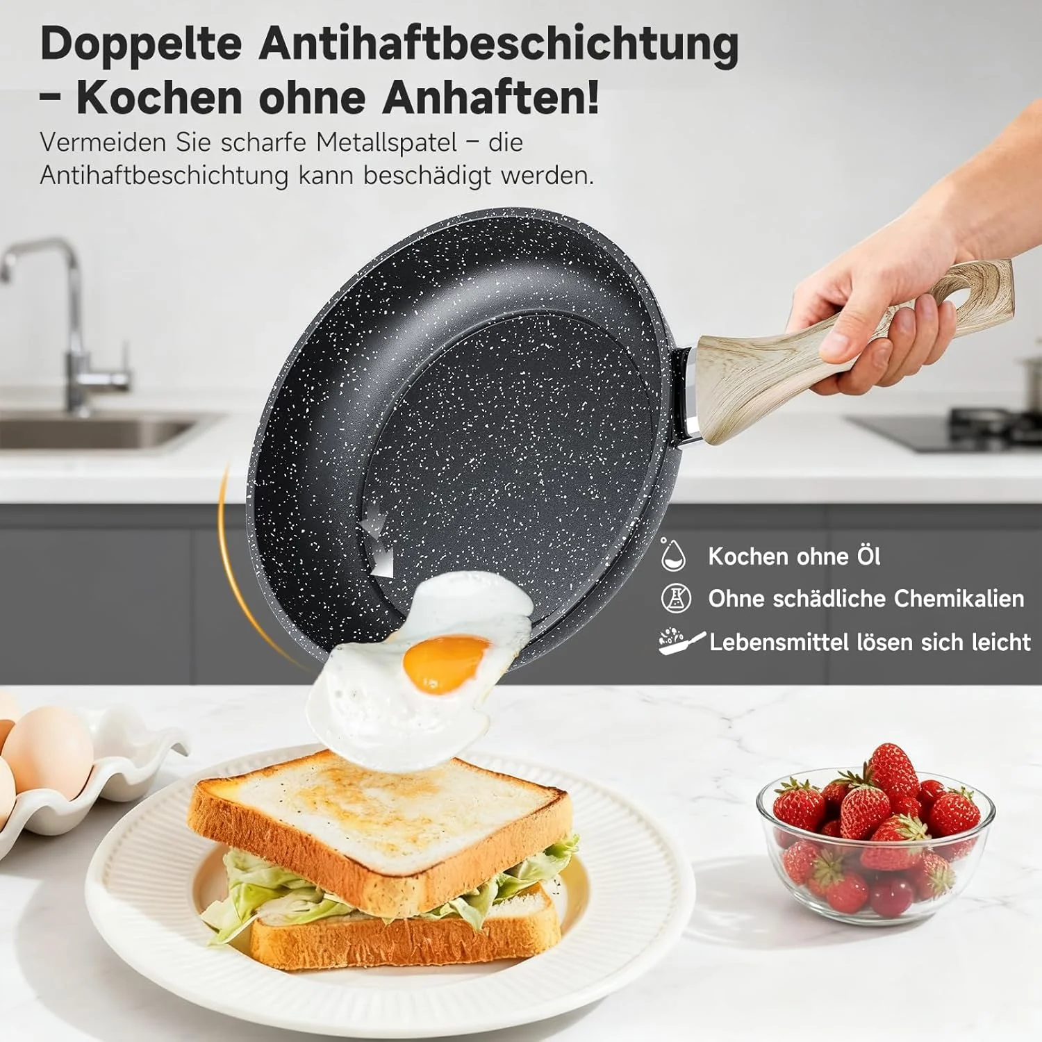 HOMELUX Pfannenset 3-teilig 20/24/28 cm, Antihaft Bratpfannen aus Kohlenstoffstahl mit Holzgriff, induktionsgeeignet - Image 7
