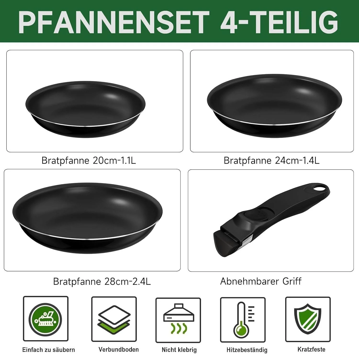 HOMELUX Pfannenset,Bratpfanne mit abnehmbarem Griff,Pfannen,Pfanne Induktion mit Antihaft-Beschichtung - Image 3