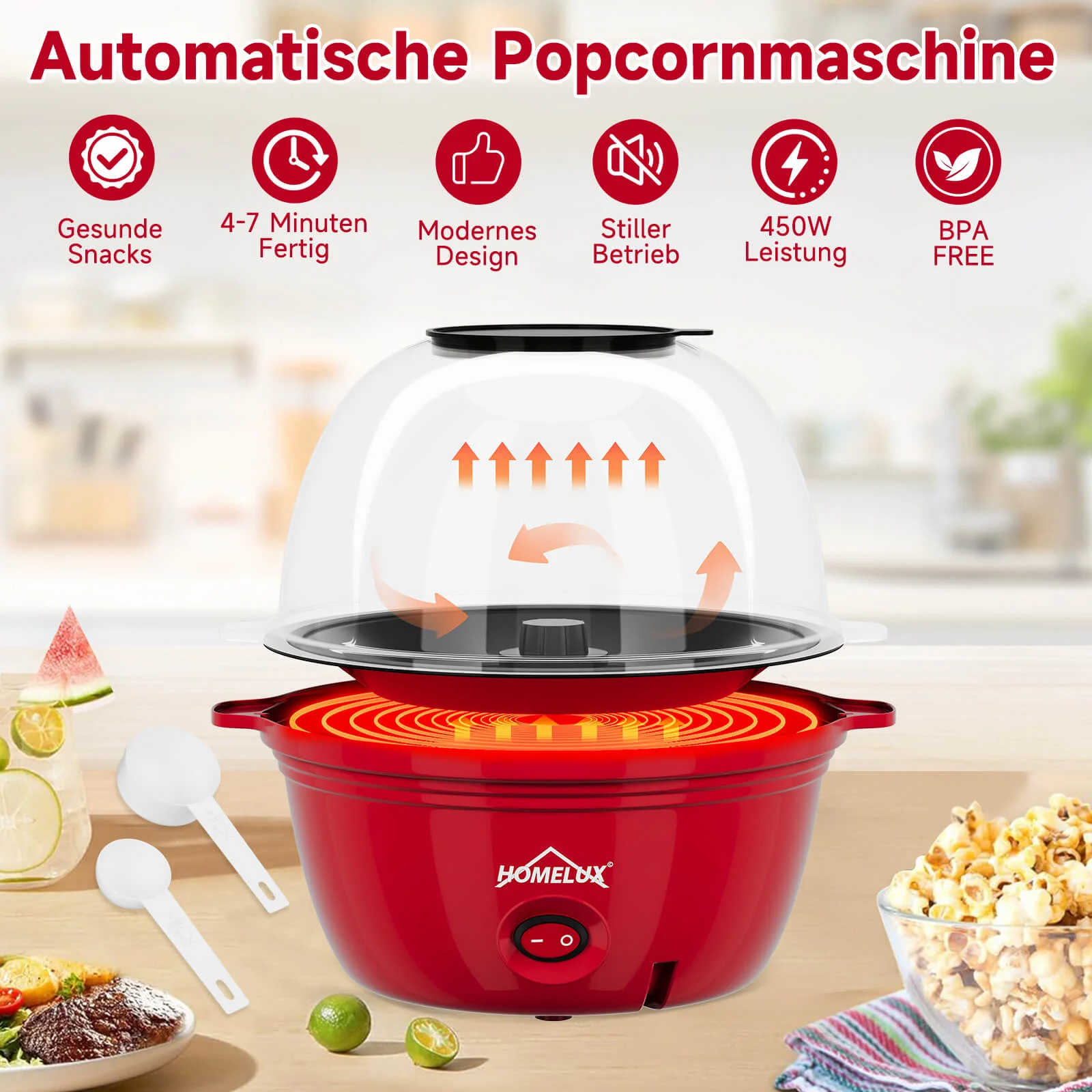 HOMELUX Popcornmaschine 450W, schnelles & fettfreies Popcorn in 3 Min, Antihaft, leicht zu reinigen, ideal für Zuhause - Image 4
