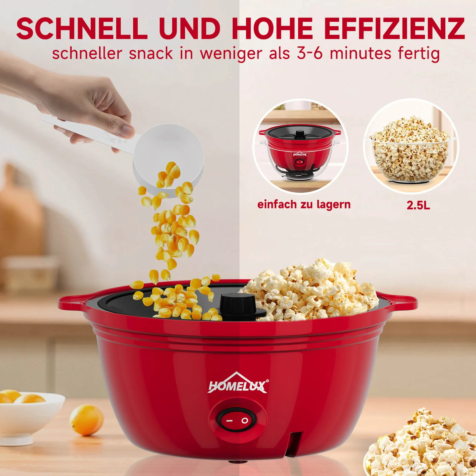 HOMELUX Popcornmaschine 450W, schnelles & fettfreies Popcorn in 3 Min, Antihaft, leicht zu reinigen, ideal für Zuhause - Image 5