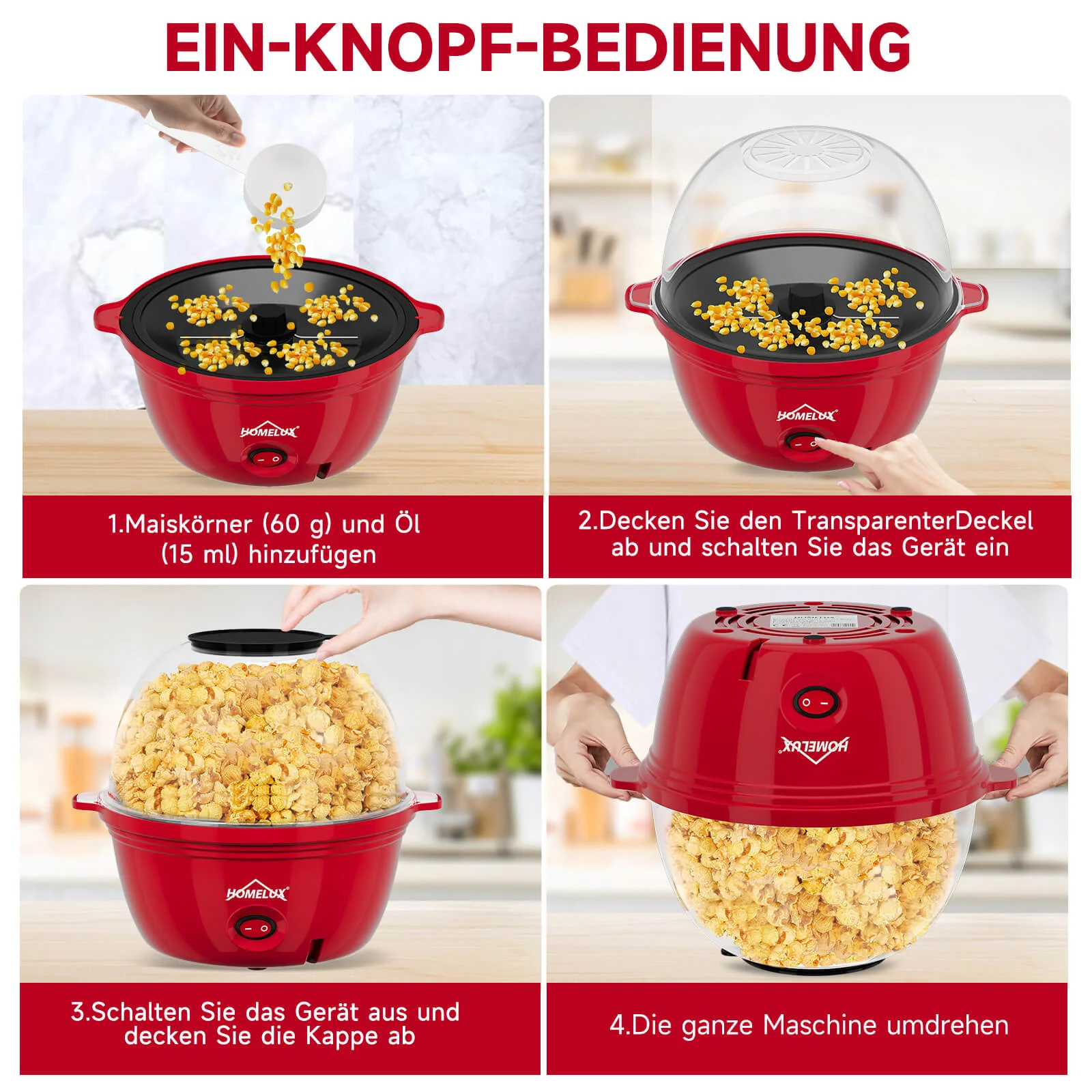 HOMELUX Popcornmaschine 450W, schnelles & fettfreies Popcorn in 3 Min, Antihaft, leicht zu reinigen, ideal für Zuhause - Image 7