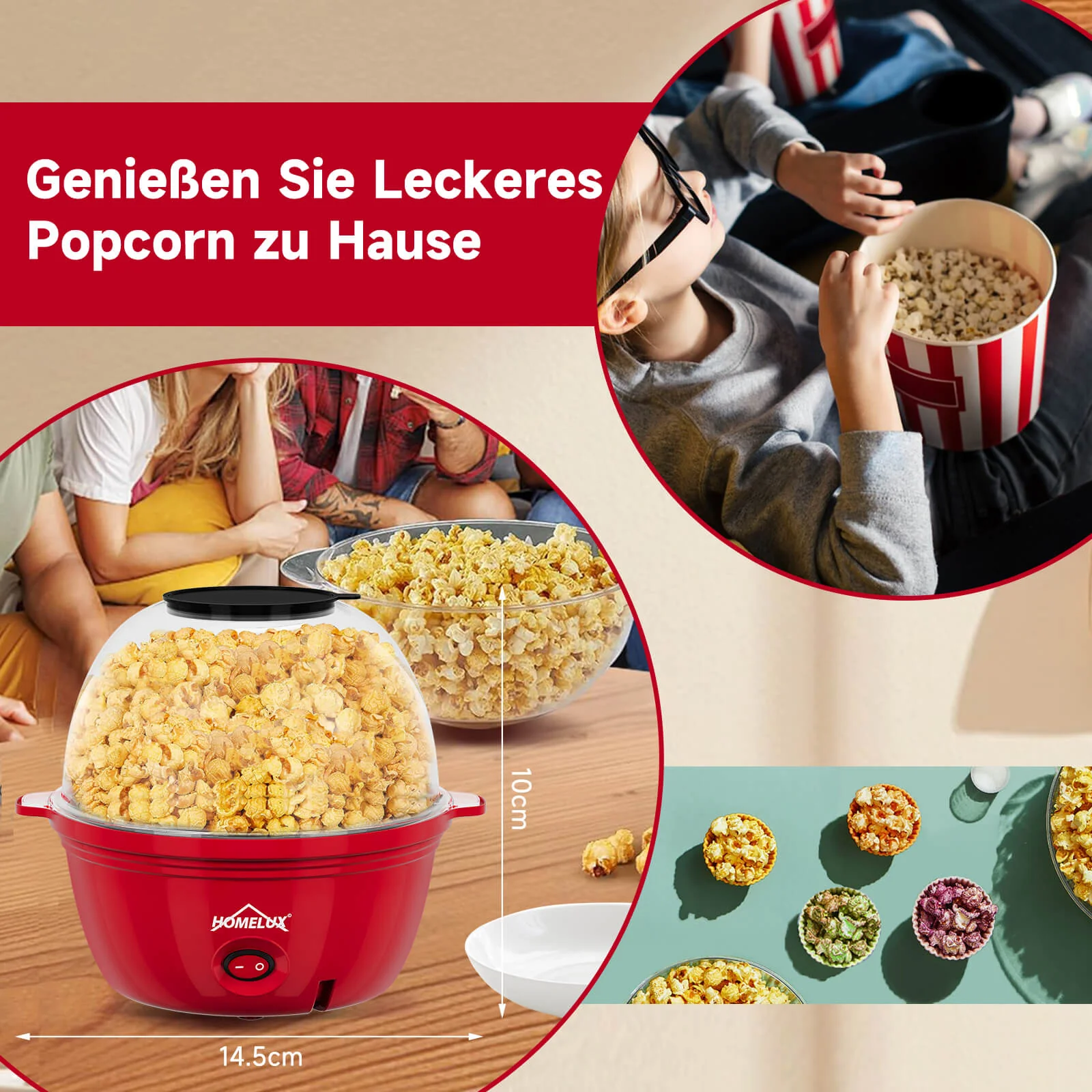 HOMELUX Popcornmaschine 450W, schnelles & fettfreies Popcorn in 3 Min, Antihaft, leicht zu reinigen, ideal für Zuhause - Image 8