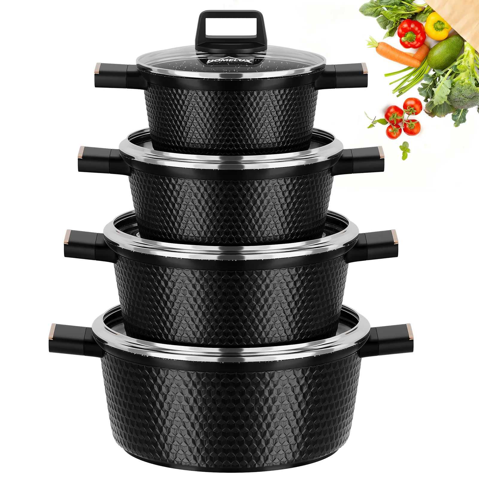 HOMELUX Kochtopf-Set, 8-teilig, mit Diamant-Struktur und Induktionsboden - Image 2
