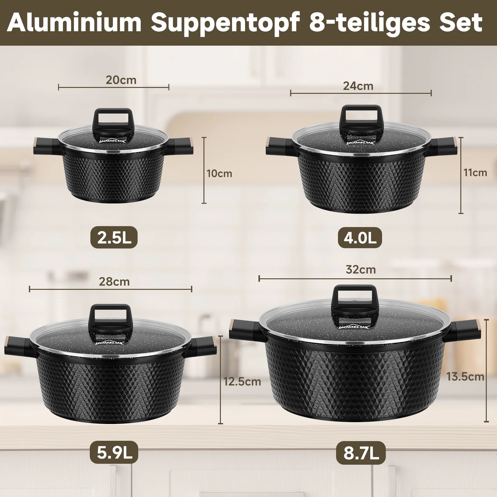 HOMELUX Kochtopf-Set, 8-teilig, mit Diamant-Struktur und Induktionsboden - Image 3