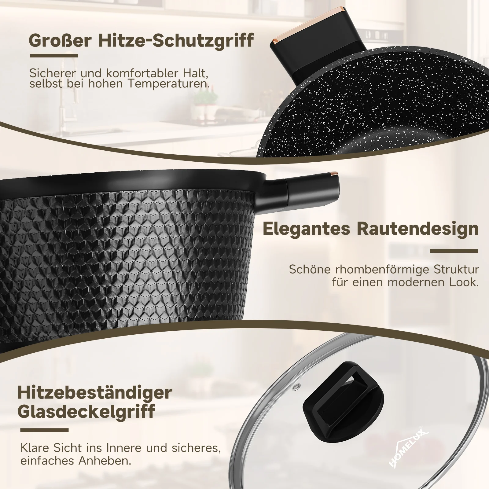 HOMELUX Kochtopf-Set, 8-teilig, mit Diamant-Struktur und Induktionsboden - Image 4