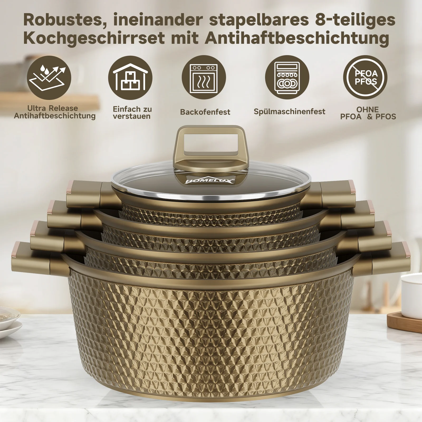 HOMELUX Kochtopf-Set, 8-teilig, mit Diamant-Struktur und Induktionsboden - Image 8