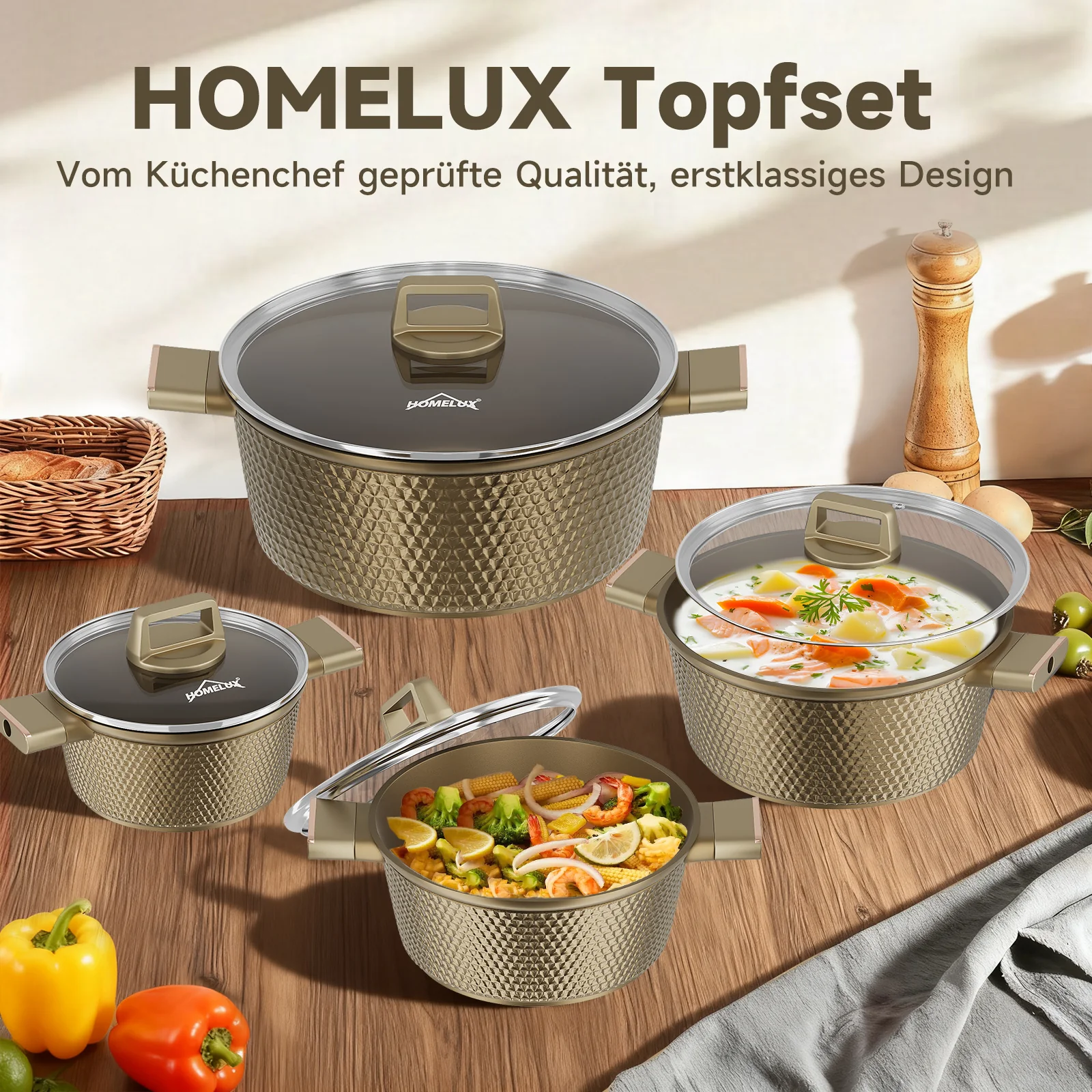 HOMELUX Kochtopf-Set, 8-teilig, mit Diamant-Struktur und Induktionsboden - Image 9