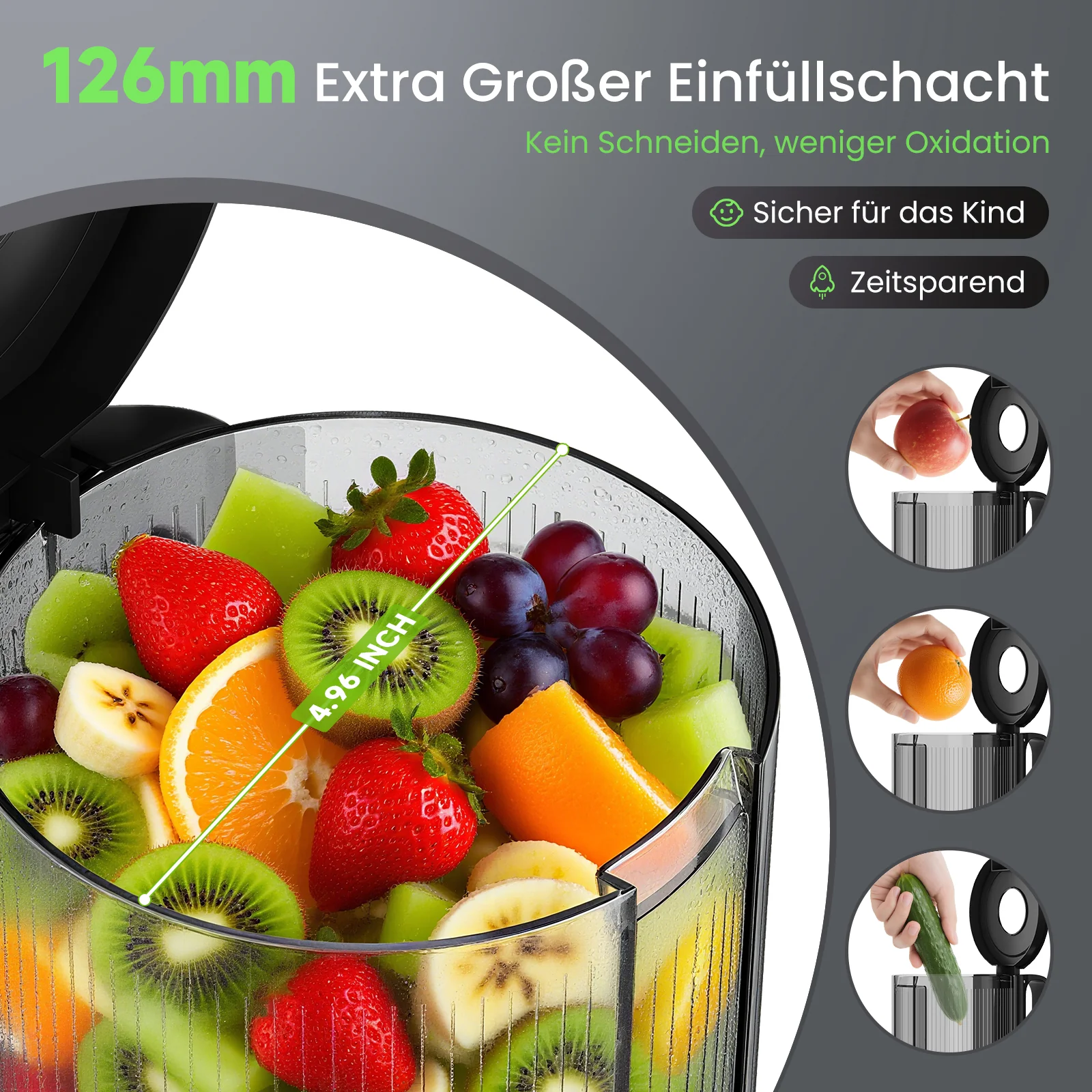 HOMELUX Slow Juicer 220W, 126mm XXL Einfüllschacht für Ganze Früchte, Elektrischer Entsafter Kaltpresse mit 2 Bechern - Image 4