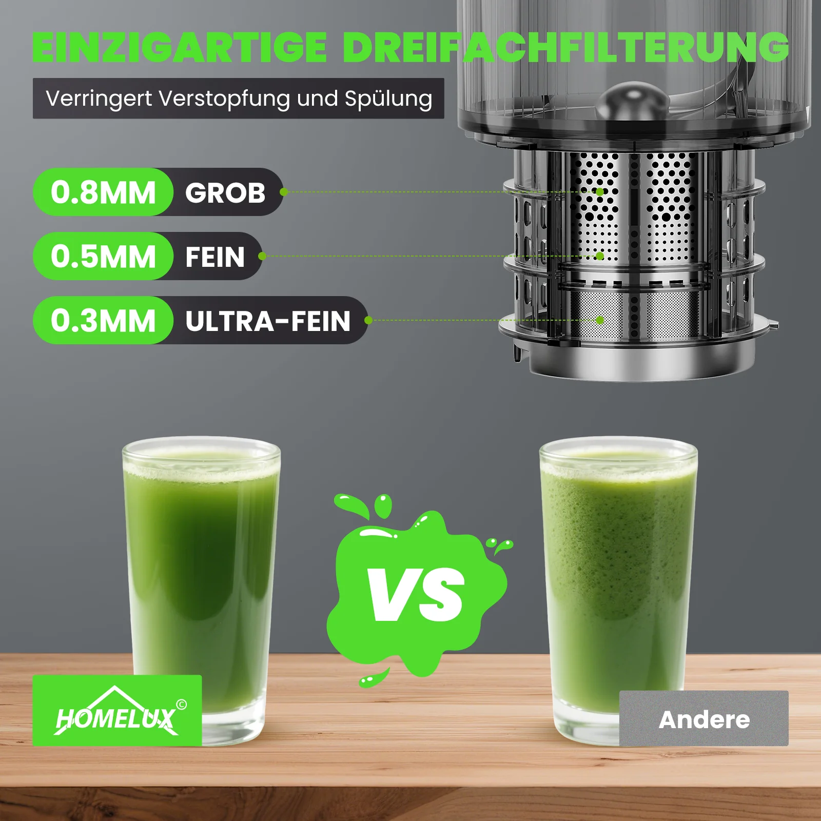 HOMELUX Slow Juicer 220W, 126mm XXL Einfüllschacht für Ganze Früchte, Elektrischer Entsafter Kaltpresse mit 2 Bechern - Image 6