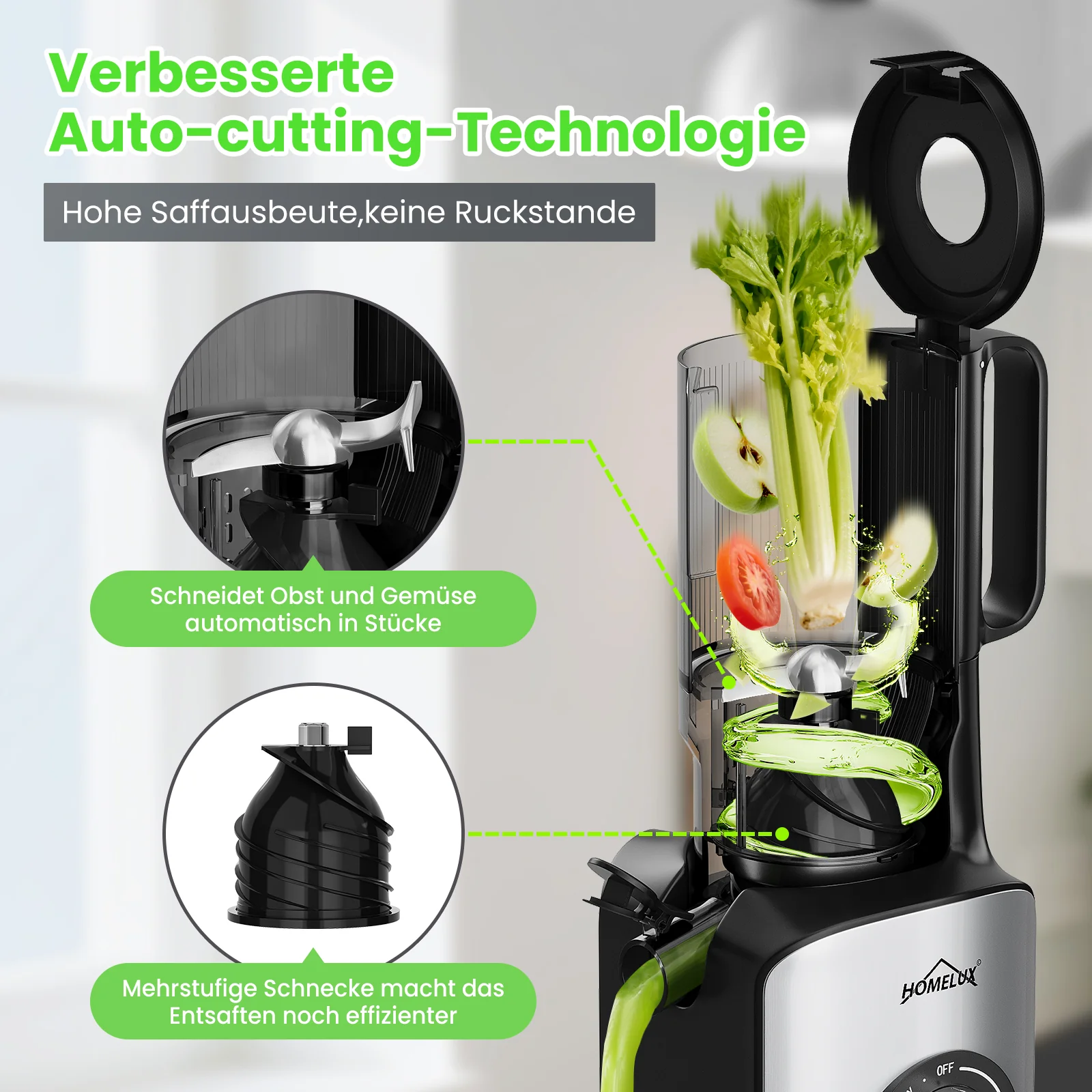 HOMELUX Slow Juicer 220W, 126mm XXL Einfüllschacht für Ganze Früchte, Elektrischer Entsafter Kaltpresse mit 2 Bechern - Image 7