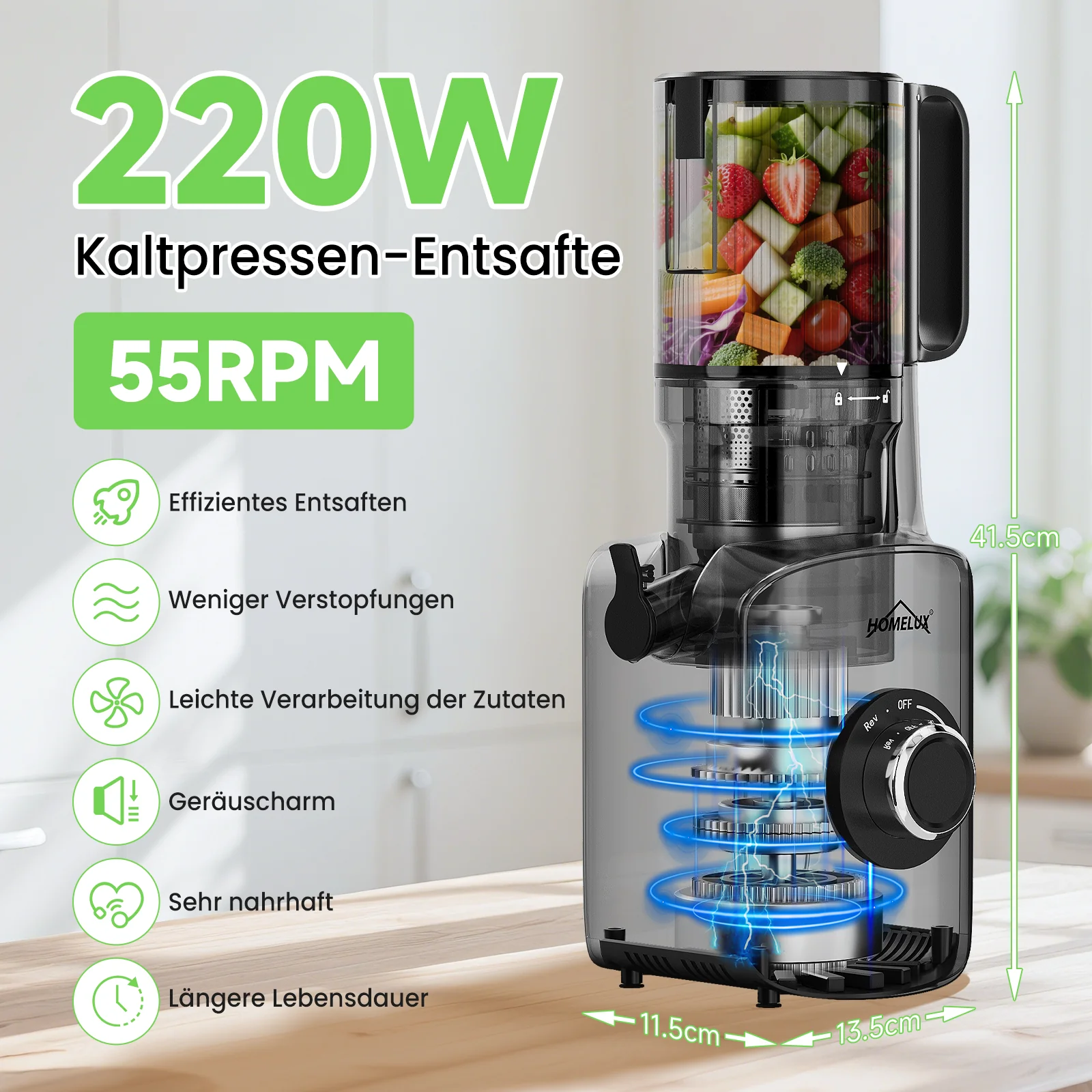 HOMELUX Slow Juicer 220W, 126mm XXL Einfüllschacht für Ganze Früchte, Elektrischer Entsafter Kaltpresse mit 2 Bechern - Image 8
