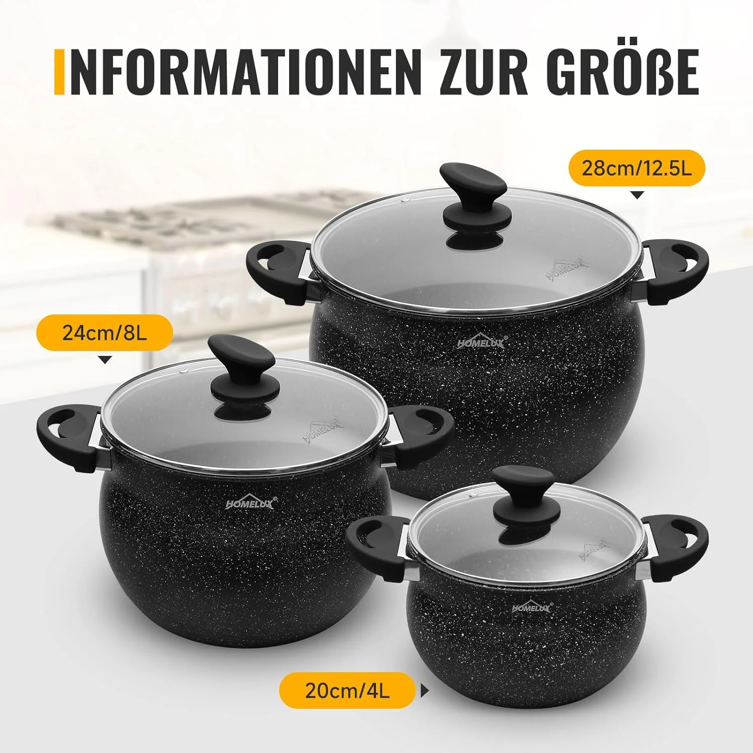 Homelux Kochtöpfe Set, Induktion, Antihaft, Spülmaschine, Glasdeckel, 20cm/4L, 24cm/8L, 28cm/12.5L - Image 7