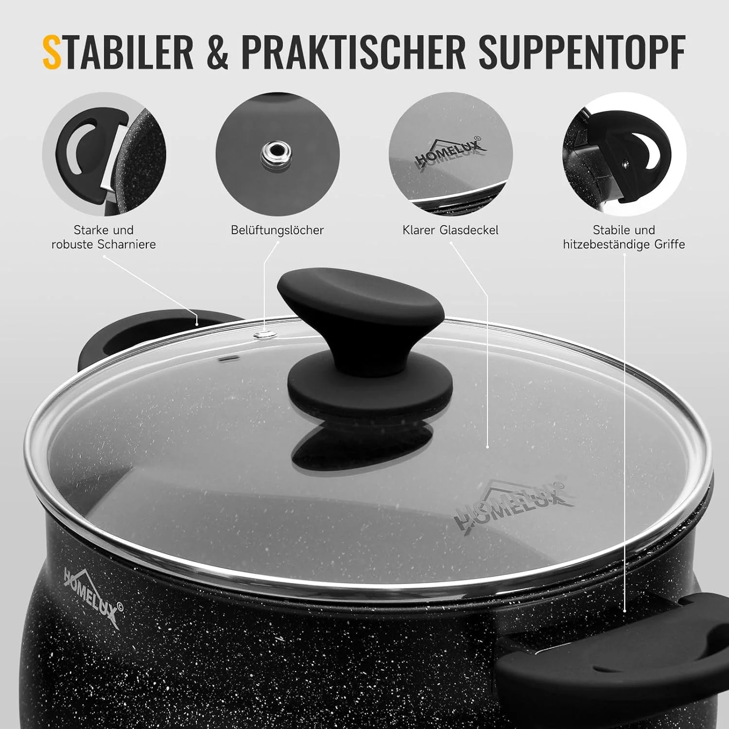 Homelux Kochtöpfe Set, Induktion, Antihaft, Spülmaschine, Glasdeckel, 20cm/4L, 24cm/8L, 28cm/12.5L - Image 8