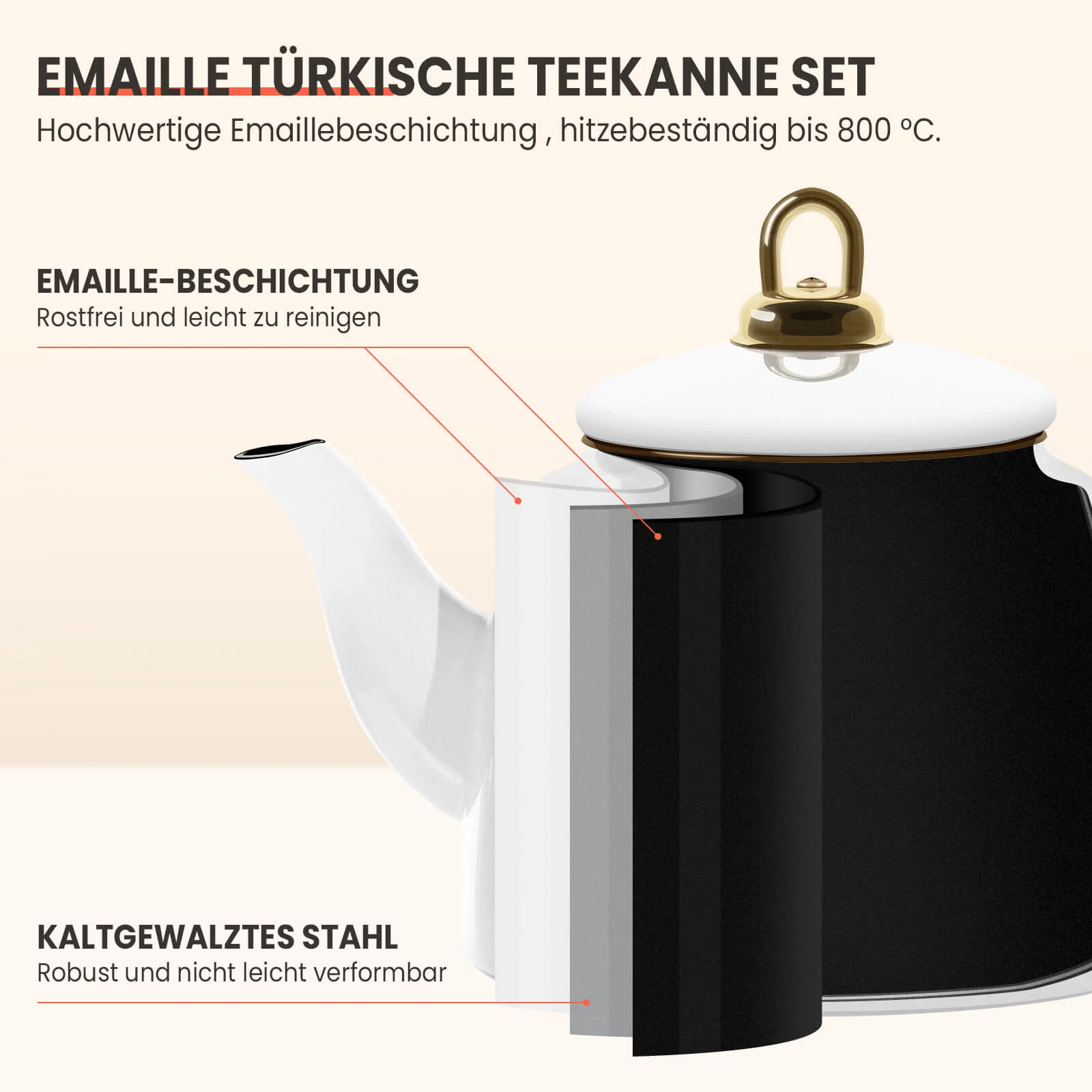 Homelux Türkische Teekanne 2L+1L, Emaille Wasserkessel Set, Induktionsgeeignet, Teekocher für alle Herdarten - Image 3