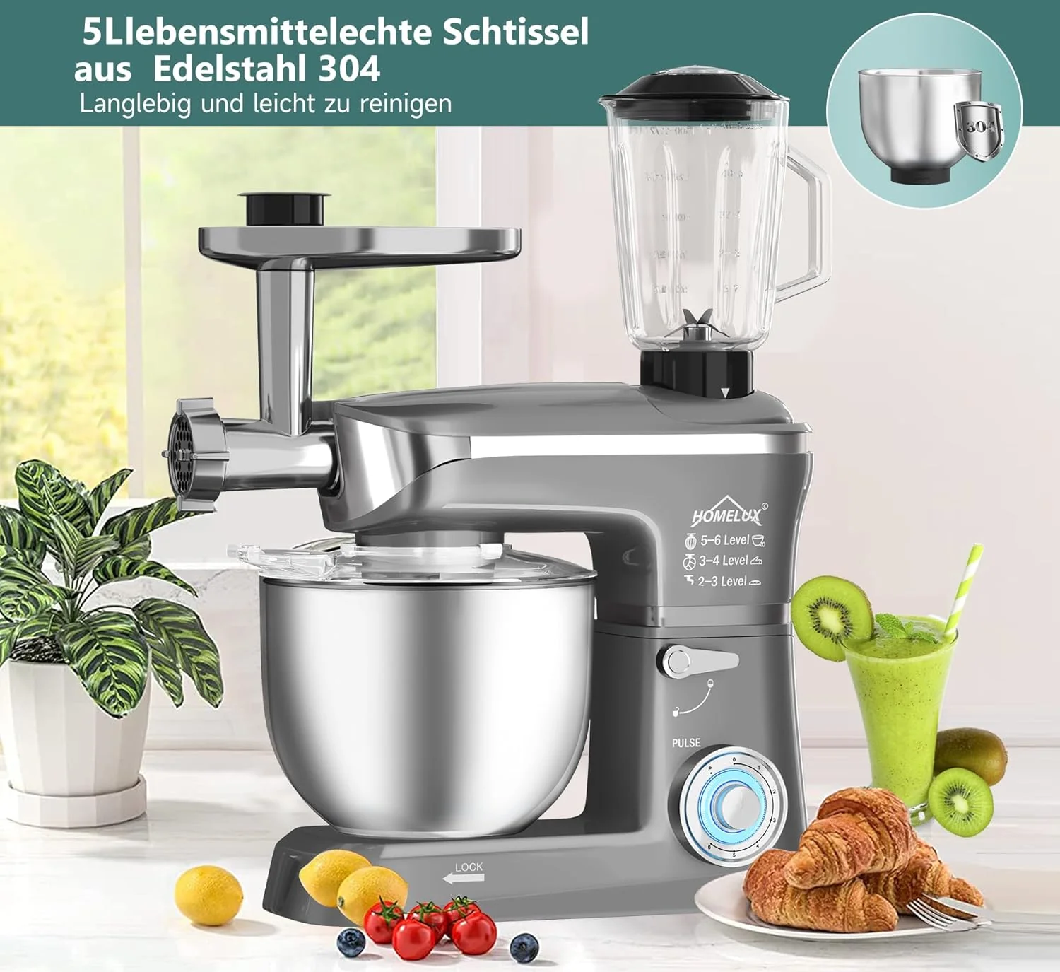 HOMELUX 3-in-1 Küchenmaschine  6L / 5L Fleischwolf, Knetmaschine, 6-stufiger Mixer, 1.5L Saftpresse, Edelstahlschüssel - Image 10