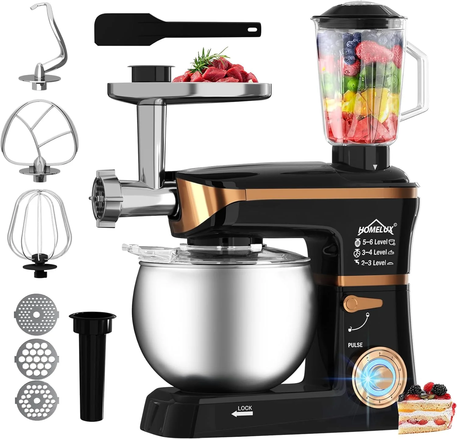 HOMELUX 3-in-1 Küchenmaschine  6L / 5L Fleischwolf, Knetmaschine, 6-stufiger Mixer, 1.5L Saftpresse, Edelstahlschüssel - Image 11