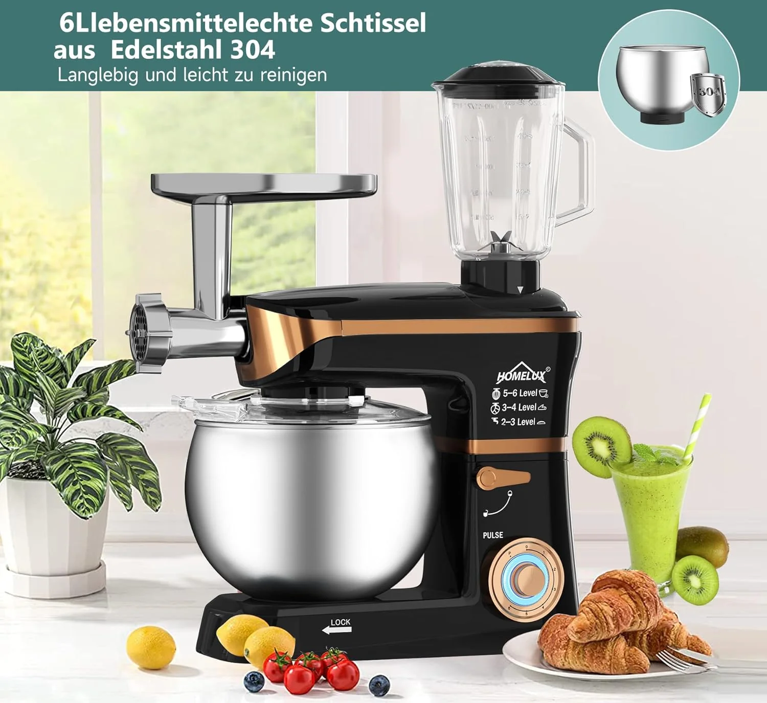 HOMELUX 3-in-1 Küchenmaschine  6L / 5L Fleischwolf, Knetmaschine, 6-stufiger Mixer, 1.5L Saftpresse, Edelstahlschüssel - Image 12