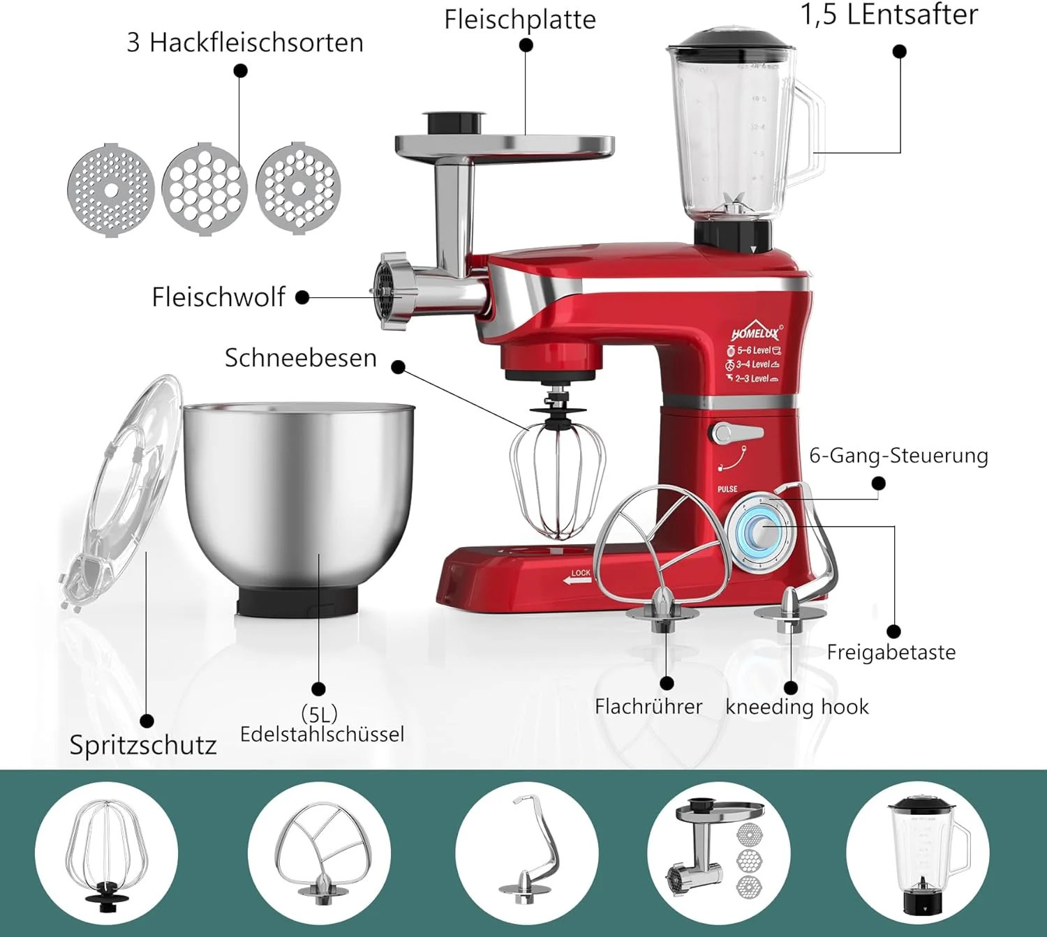 HOMELUX 3-in-1 Küchenmaschine  6L / 5L Fleischwolf, Knetmaschine, 6-stufiger Mixer, 1.5L Saftpresse, Edelstahlschüssel - Image 14