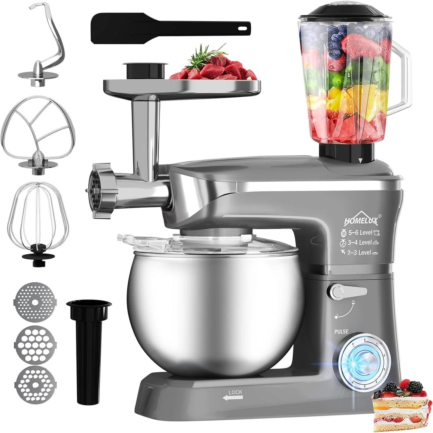 HOMELUX 3-in-1 Küchenmaschine  6L / 5L Fleischwolf, Knetmaschine, 6-stufiger Mixer, 1.5L Saftpresse, Edelstahlschüssel - Image 15