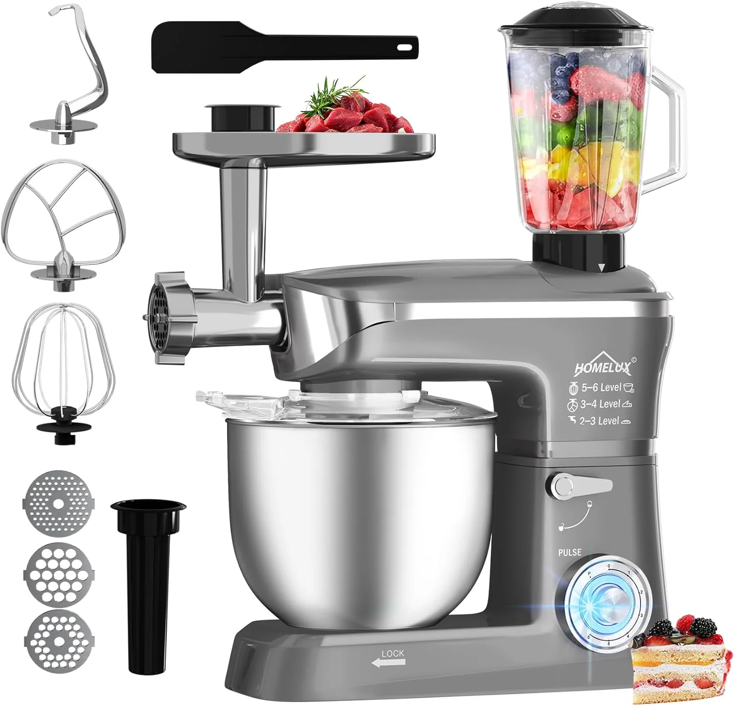 HOMELUX 3-in-1 Küchenmaschine  6L / 5L Fleischwolf, Knetmaschine, 6-stufiger Mixer, 1.5L Saftpresse, Edelstahlschüssel - Image 16