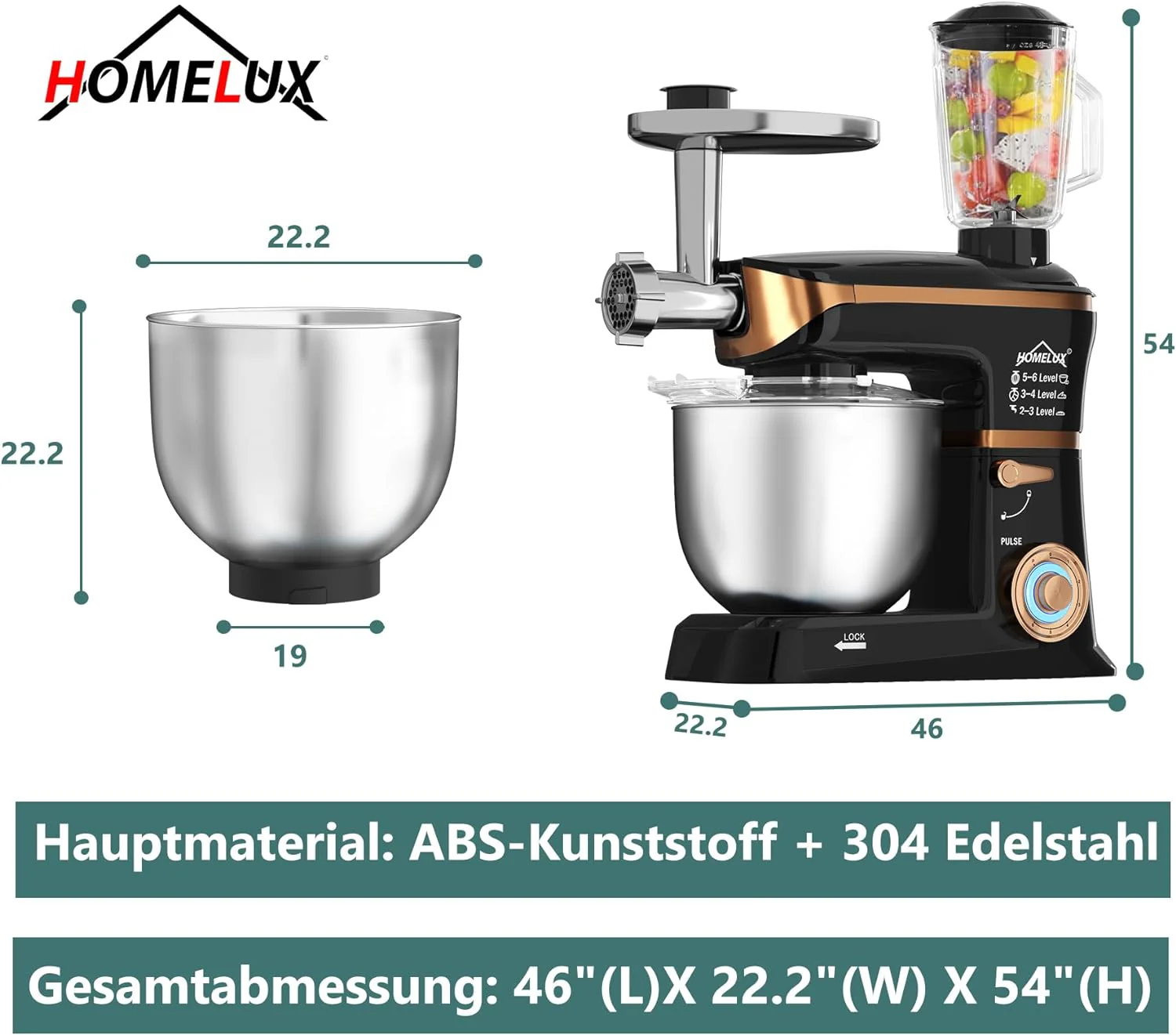 HOMELUX 3-in-1 Küchenmaschine  6L / 5L Fleischwolf, Knetmaschine, 6-stufiger Mixer, 1.5L Saftpresse, Edelstahlschüssel - Image 3