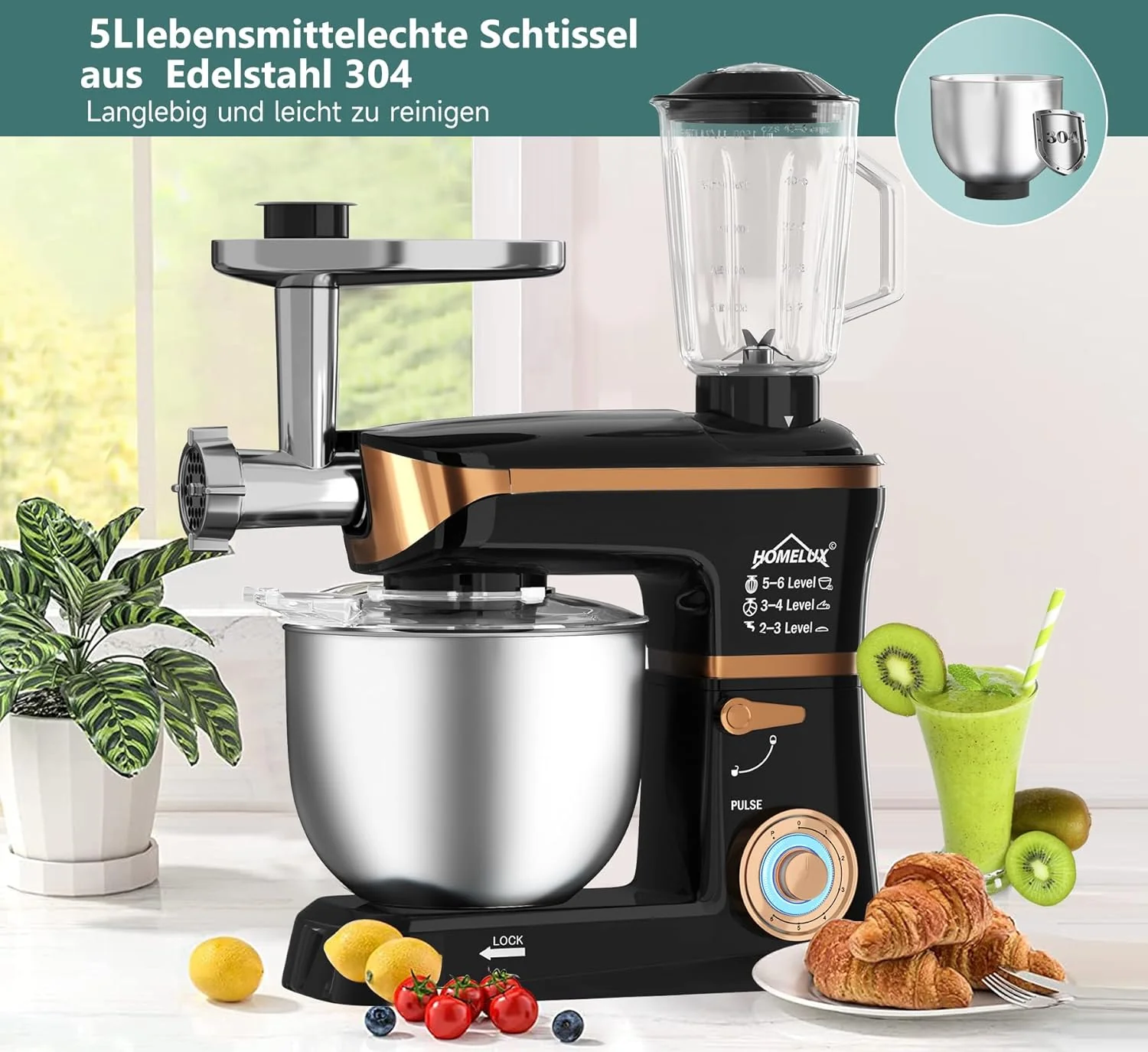 HOMELUX 3-in-1 Küchenmaschine  6L / 5L Fleischwolf, Knetmaschine, 6-stufiger Mixer, 1.5L Saftpresse, Edelstahlschüssel - Image 5