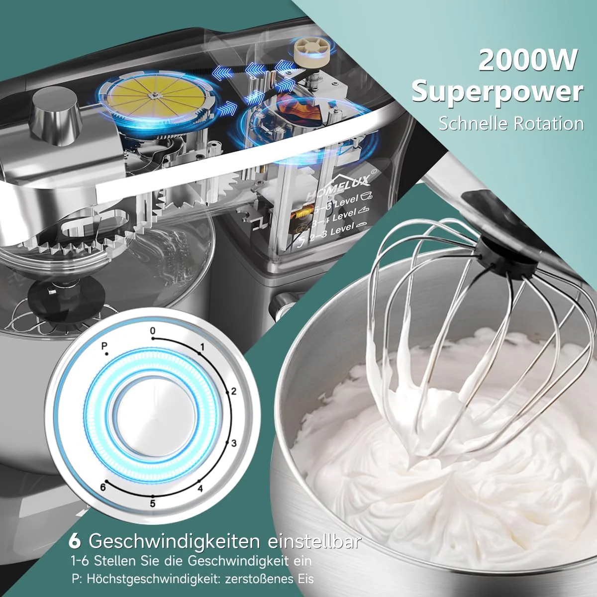 HOMELUX 3-in-1 Küchenmaschine  6L / 5L Fleischwolf, Knetmaschine, 6-stufiger Mixer, 1.5L Saftpresse, Edelstahlschüssel - Image 6