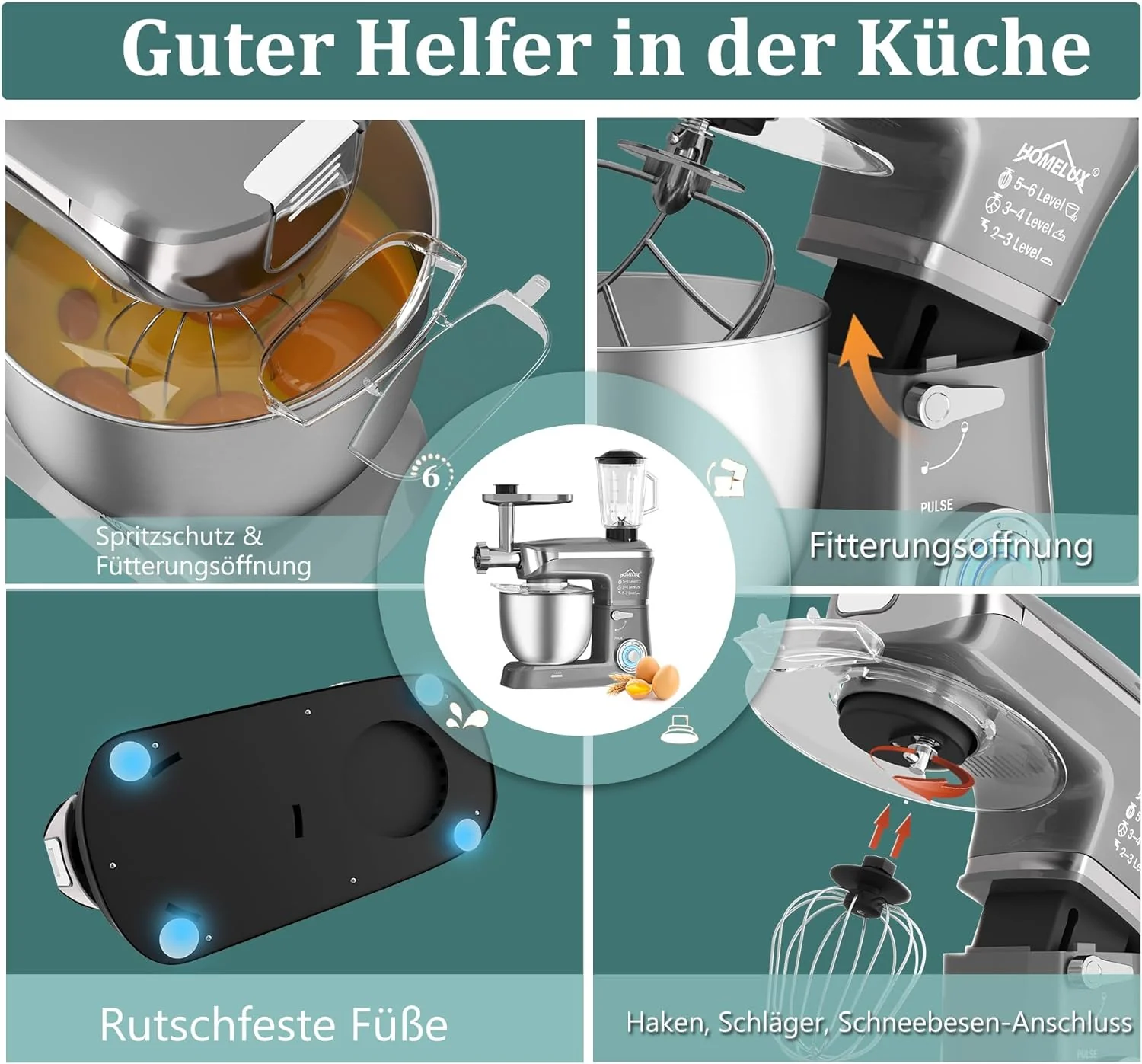 HOMELUX 3-in-1 Küchenmaschine  6L / 5L Fleischwolf, Knetmaschine, 6-stufiger Mixer, 1.5L Saftpresse, Edelstahlschüssel - Image 7