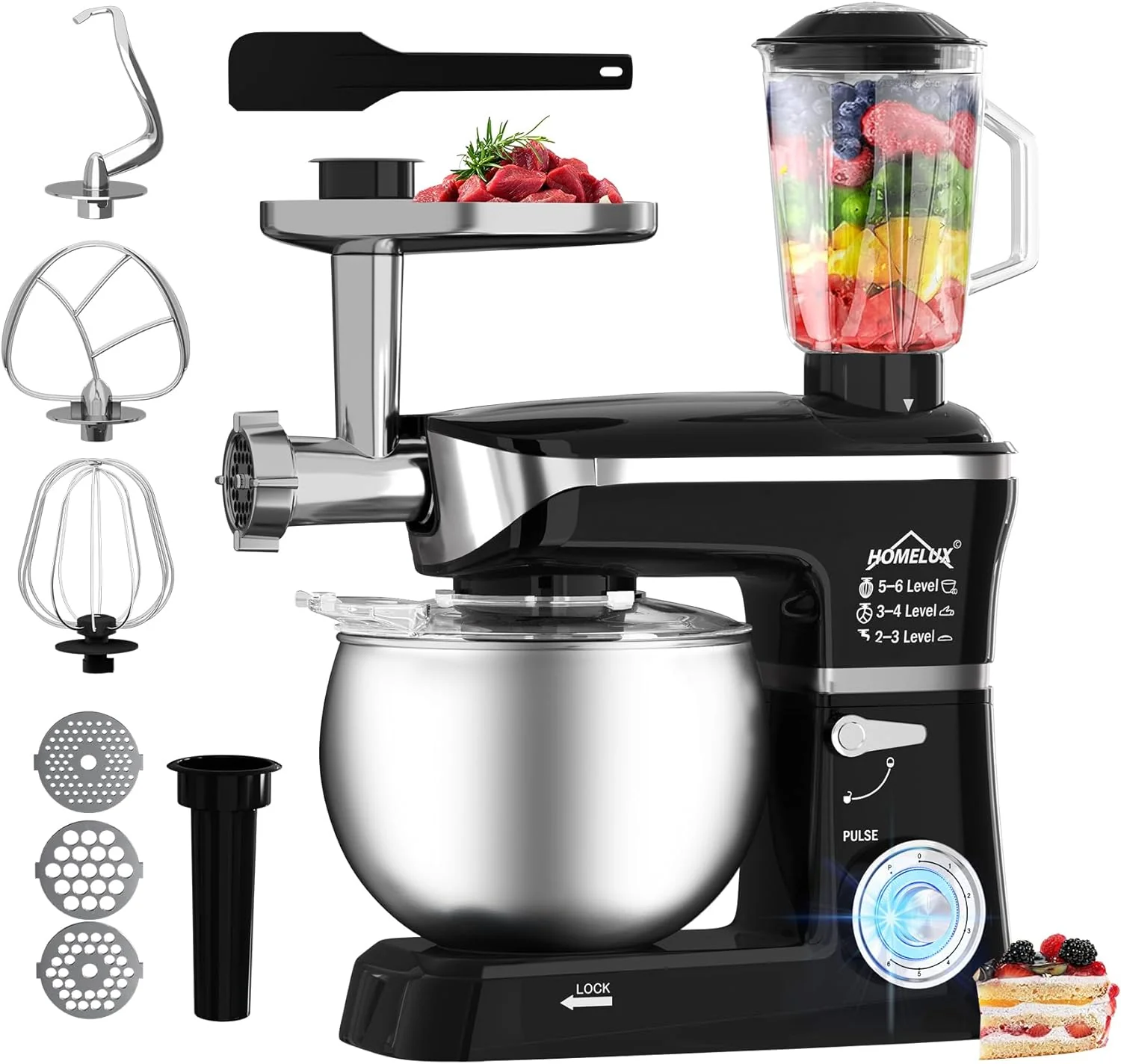 HOMELUX 3-in-1 Küchenmaschine  6L / 5L Fleischwolf, Knetmaschine, 6-stufiger Mixer, 1.5L Saftpresse, Edelstahlschüssel - Image 8
