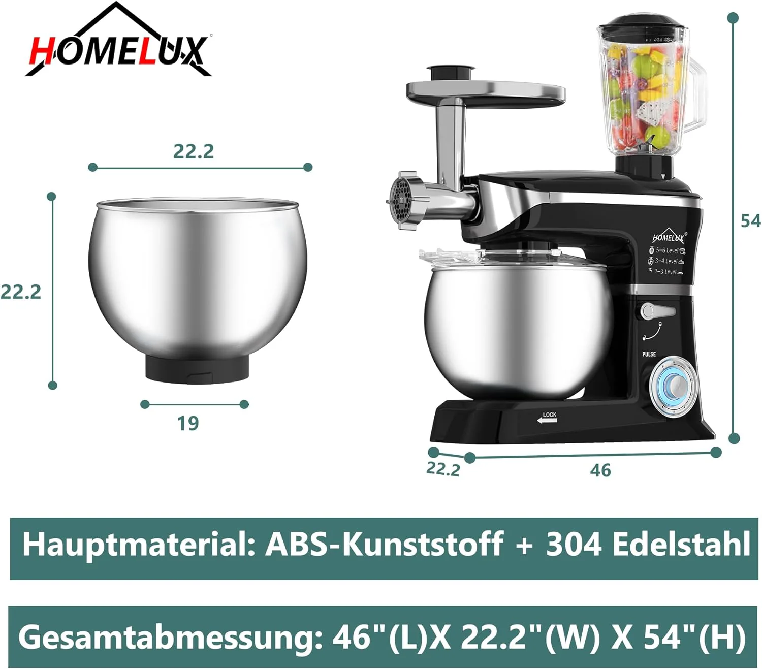 HOMELUX 3-in-1 Küchenmaschine  6L / 5L Fleischwolf, Knetmaschine, 6-stufiger Mixer, 1.5L Saftpresse, Edelstahlschüssel - Image 9
