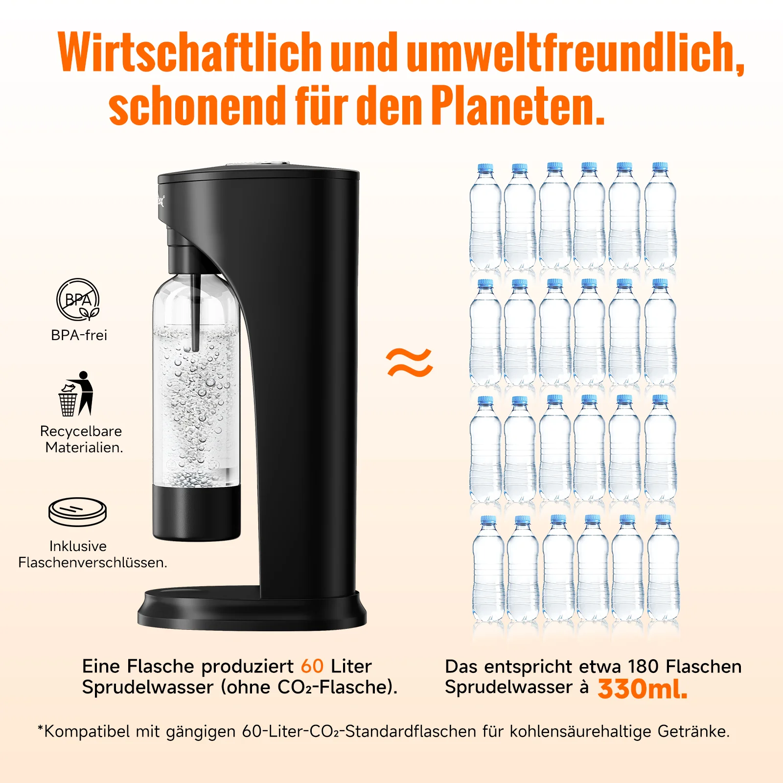 HOMELUX Wassersprudler Set inkl. BPA-freier PET-Flasche, kabelloser Trinkwassersprudler für 60L CO2-Zylinder, Schwarz - Image 12