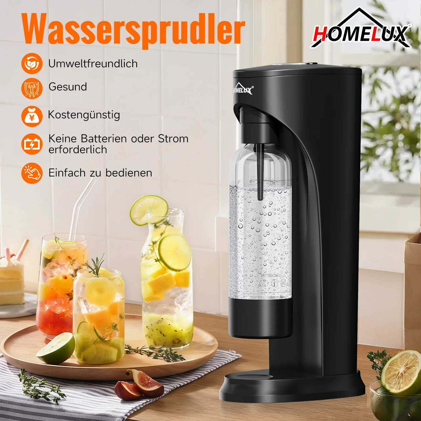 HOMELUX Wassersprudler Set inkl. BPA-freier PET-Flasche, kabelloser Trinkwassersprudler für 60L CO2-Zylinder, Schwarz - Image 4