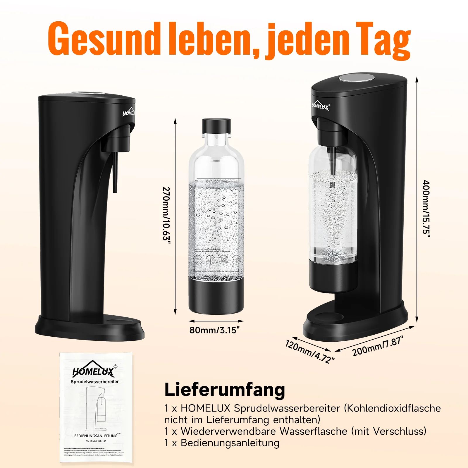 HOMELUX Wassersprudler Set inkl. BPA-freier PET-Flasche, kabelloser Trinkwassersprudler für 60L CO2-Zylinder, Schwarz - Image 5