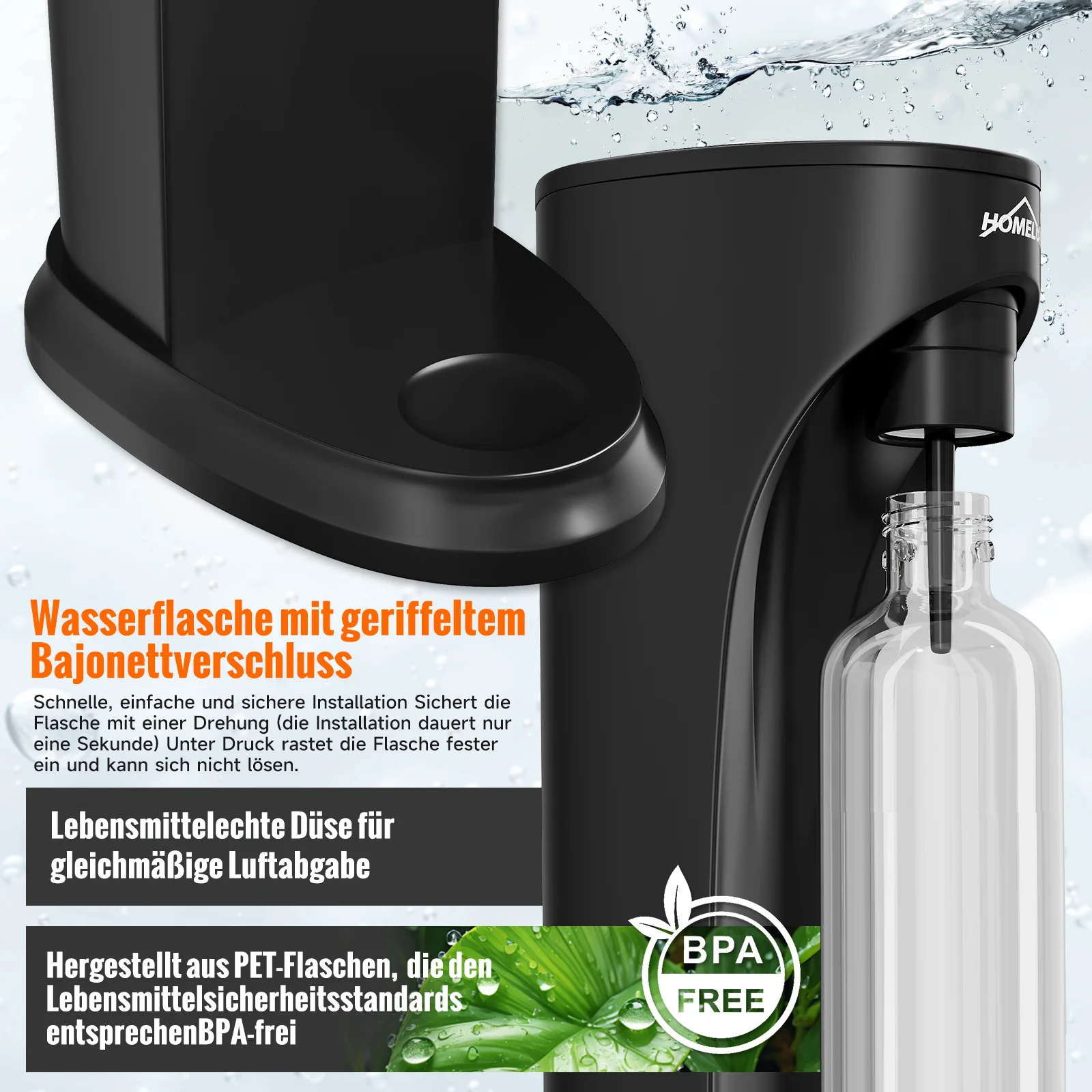 HOMELUX Wassersprudler Set inkl. BPA-freier PET-Flasche, kabelloser Trinkwassersprudler für 60L CO2-Zylinder, Schwarz - Image 6