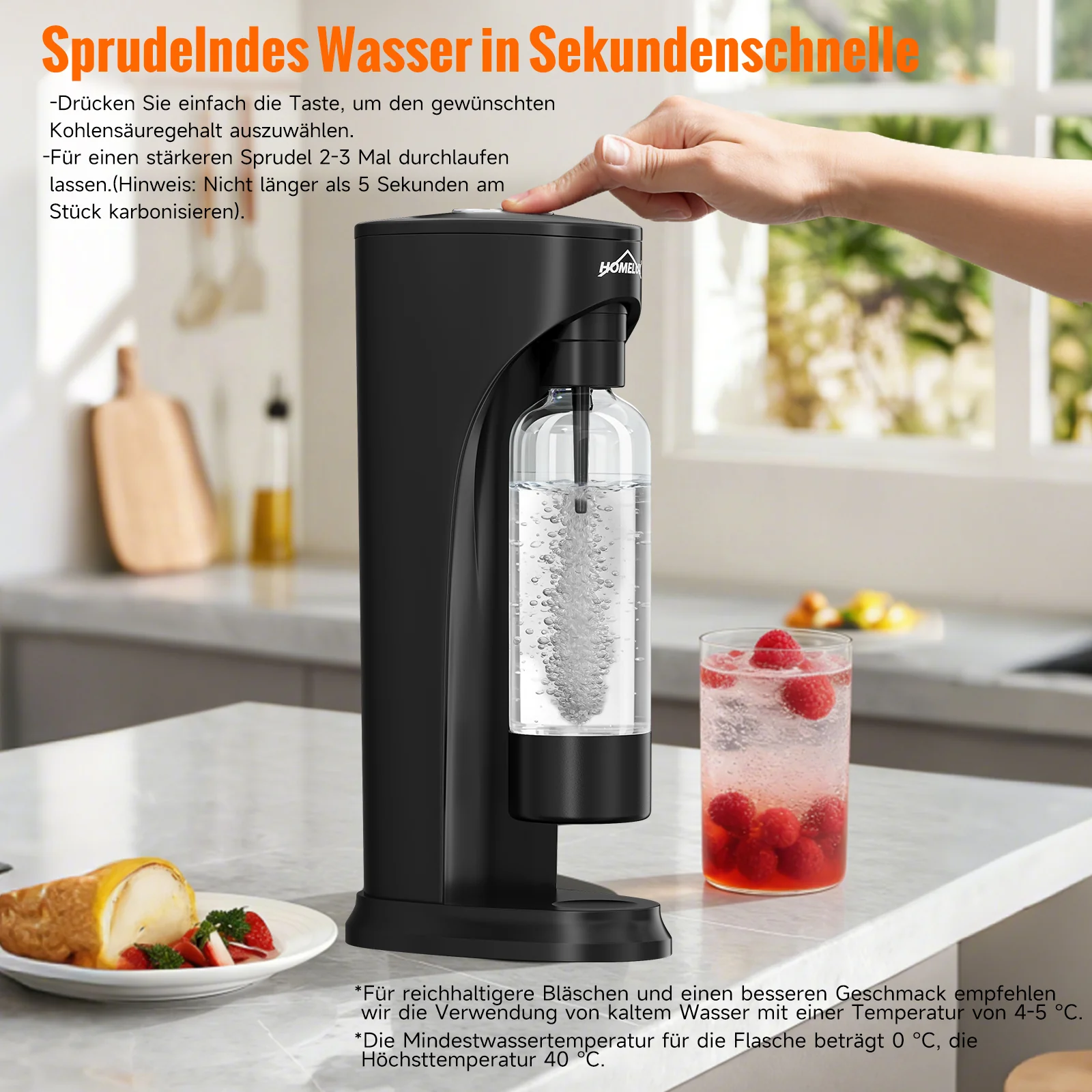 HOMELUX Wassersprudler Set inkl. BPA-freier PET-Flasche, kabelloser Trinkwassersprudler für 60L CO2-Zylinder, Schwarz - Image 8