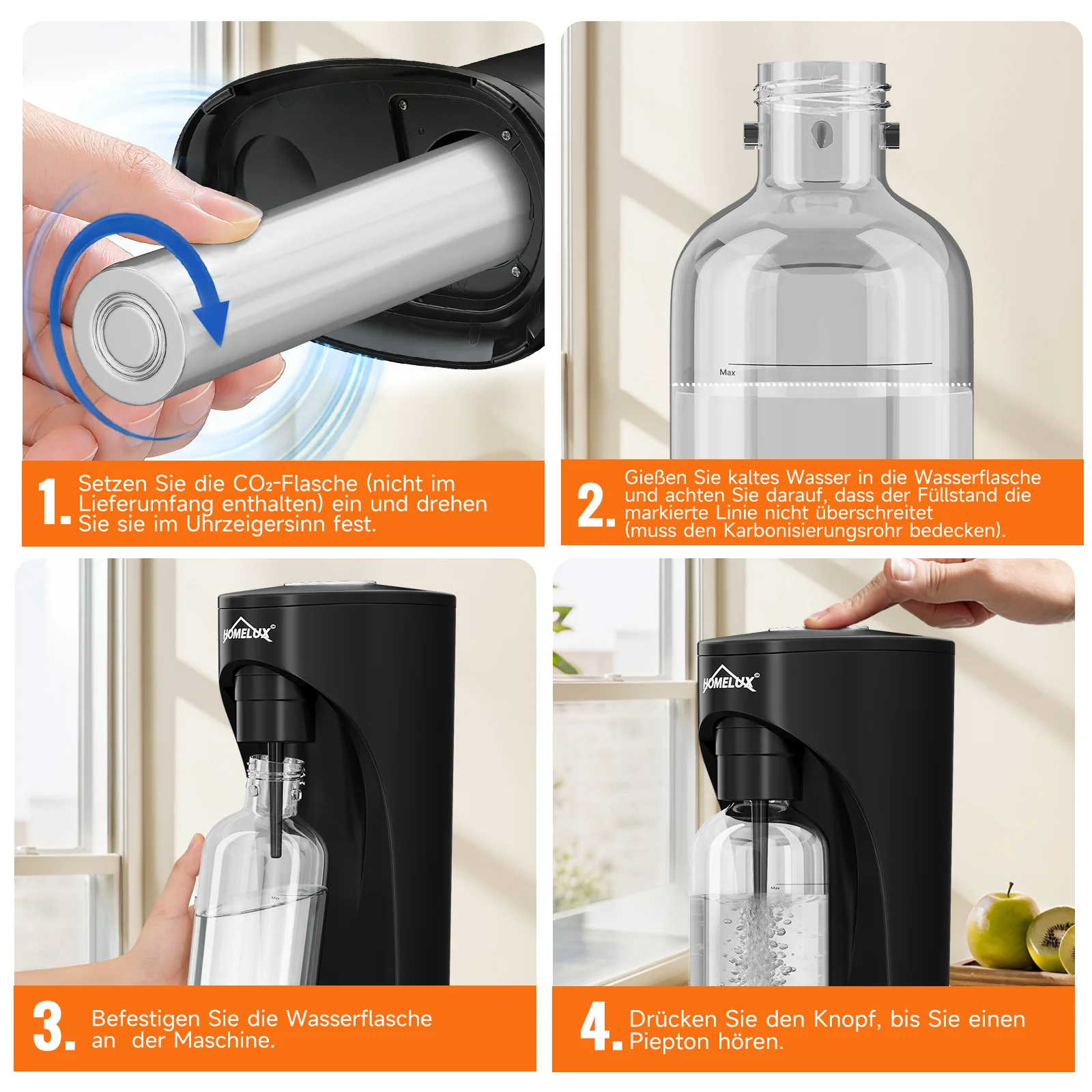 HOMELUX Wassersprudler Set inkl. BPA-freier PET-Flasche, kabelloser Trinkwassersprudler für 60L CO2-Zylinder, Schwarz - Image 9