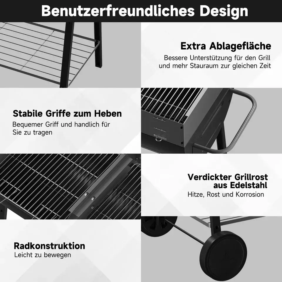 HOMELUX XXL Holzkohlegrill Mobiler Grillwagen mit 2 Grillflächen, höhenverstellbar, aus robustem Stahl mit Ablage - Image 3