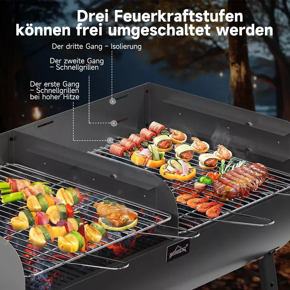 HOMELUX XXL Holzkohlegrill Mobiler Grillwagen mit 2 Grillflächen, höhenverstellbar, aus robustem Stahl mit Ablage - Image 4