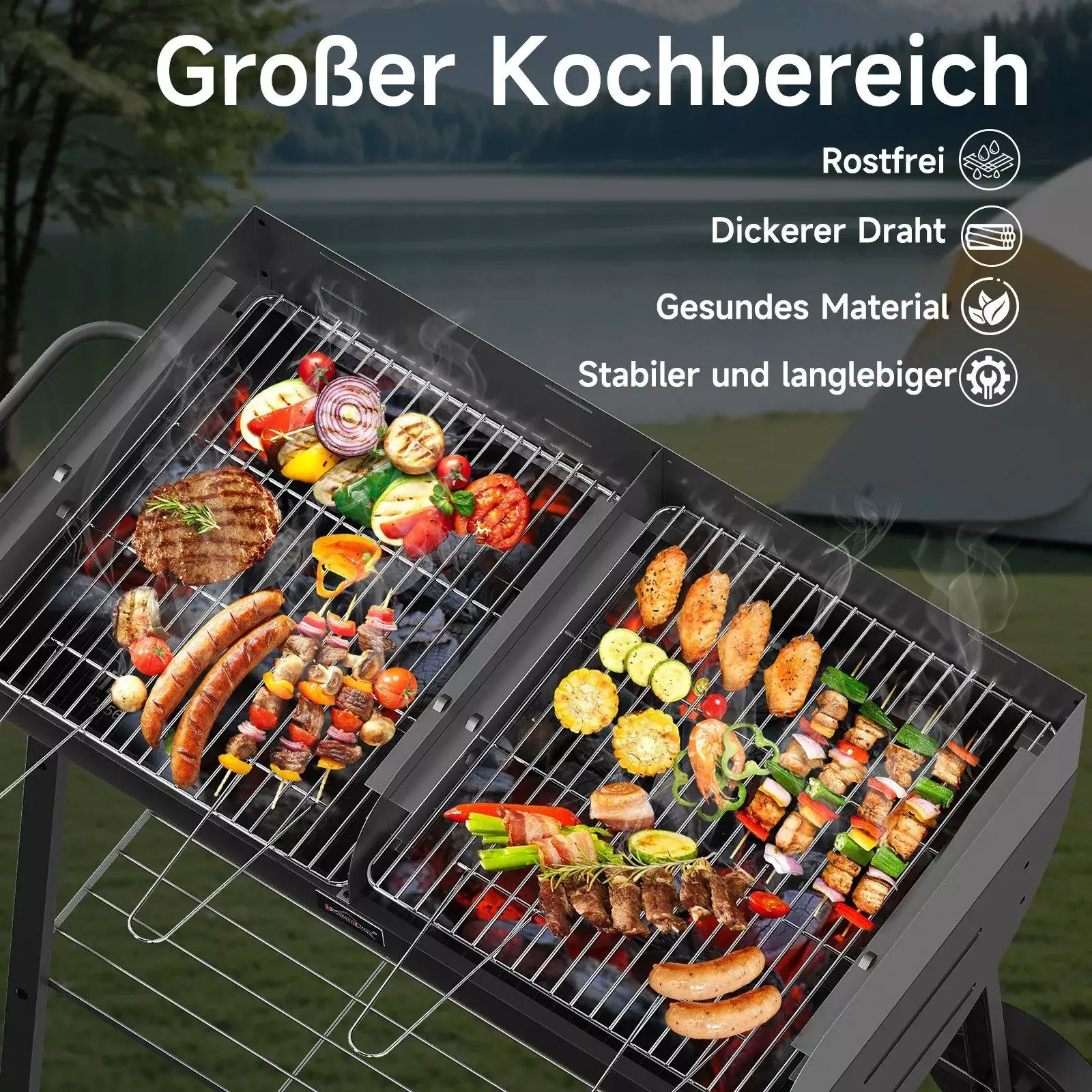 HOMELUX XXL Holzkohlegrill Mobiler Grillwagen mit 2 Grillflächen, höhenverstellbar, aus robustem Stahl mit Ablage - Image 5