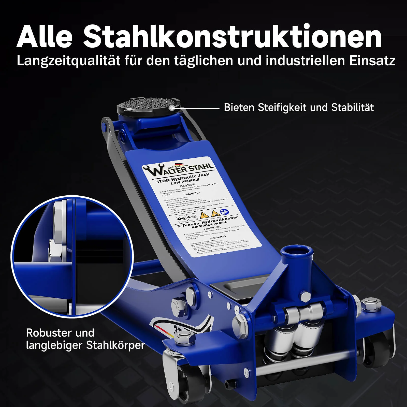 Hydraulischer Wagenheber 3T Doppelkolben 75-500mm Antirutsch-Gummiauflagen & 360° Lenkrollen für SUVs/Autos - Image 4