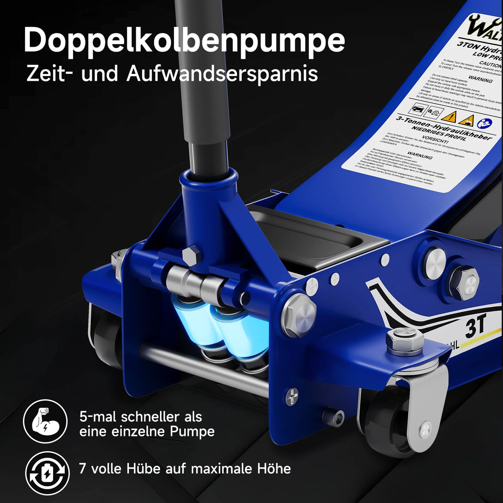 Hydraulischer Wagenheber 3T Doppelkolben 75-500mm Antirutsch-Gummiauflagen & 360° Lenkrollen für SUVs/Autos - Image 5