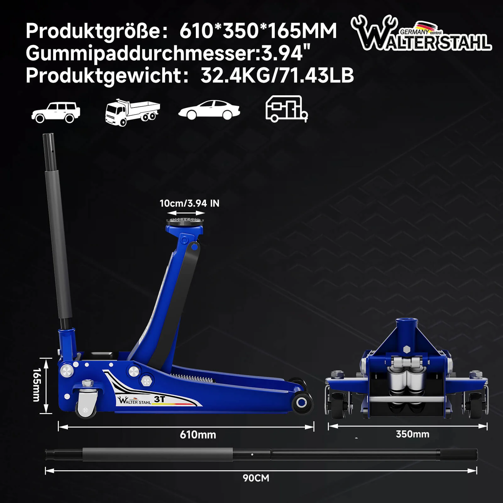 Hydraulischer Wagenheber 3T Doppelkolben 75-500mm Antirutsch-Gummiauflagen & 360° Lenkrollen für SUVs/Autos - Image 6